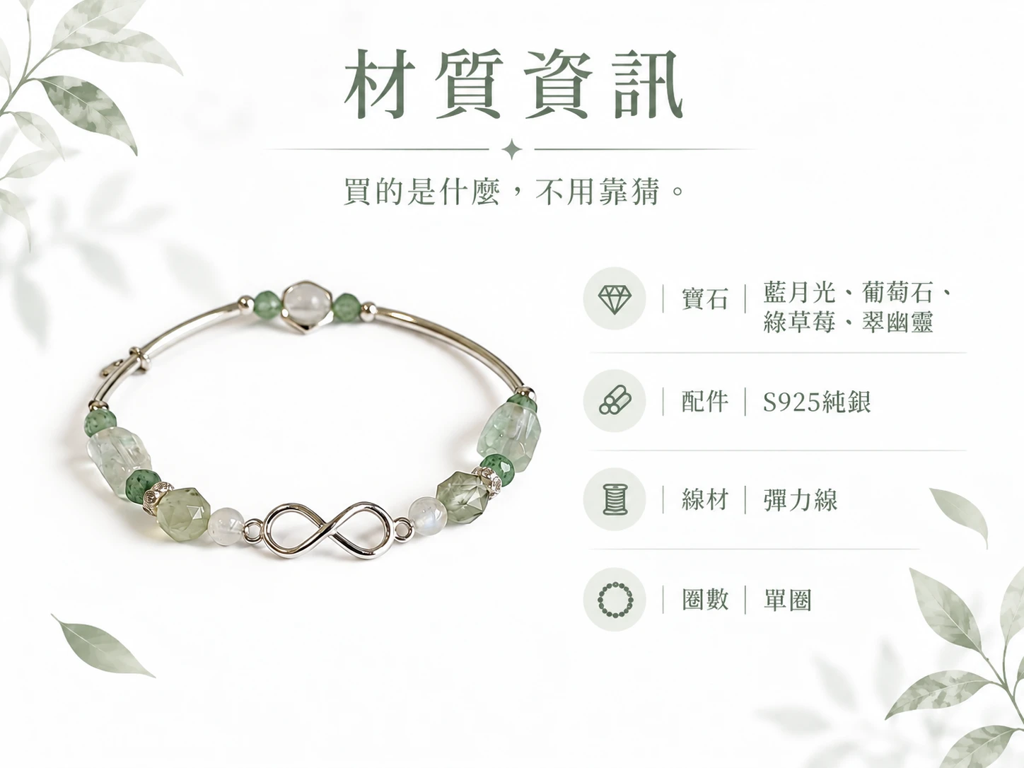 藍月光、葡萄石、綠草莓與翠幽靈純銀單圈手串材質資訊展示，清楚呈現手串所使用的天然藍月光、葡萄石、綠草莓、翠幽靈、純銀配件與單圈結構，方便了解這款手串的實際材質與設計組成。