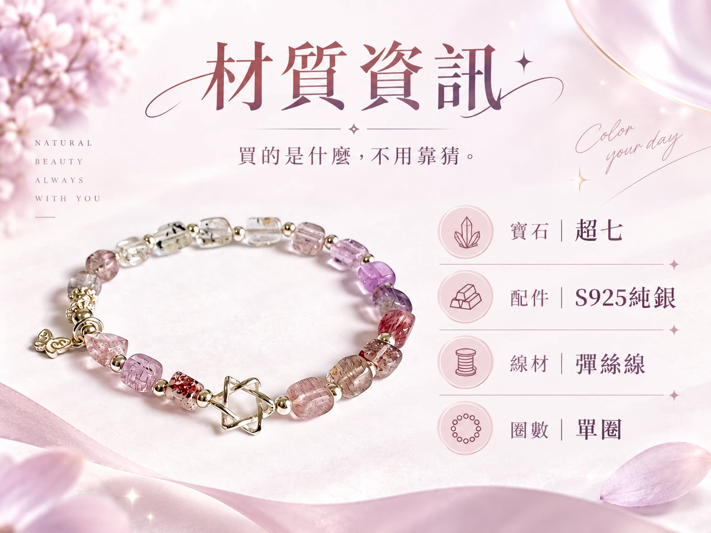 超七純銀手串材質資訊展示,清楚呈現手串所使用的天然超七水晶、純銀配件與整體串珠結構,方便了解這款手串的實際材質與設計組成。
