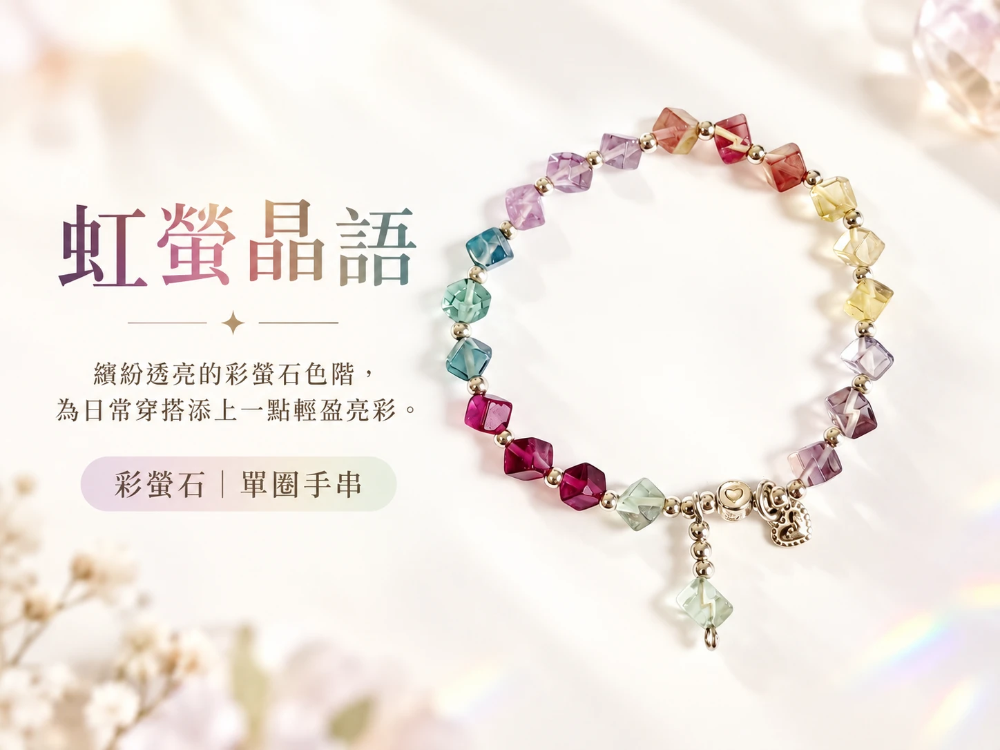 晶銀財寶 | 彩螢石純銀手串主視覺展示,以彩螢石柔和多彩的天然色澤搭配純銀配件,呈現清新細緻、富有層次感且適合日常配戴的手串設計。