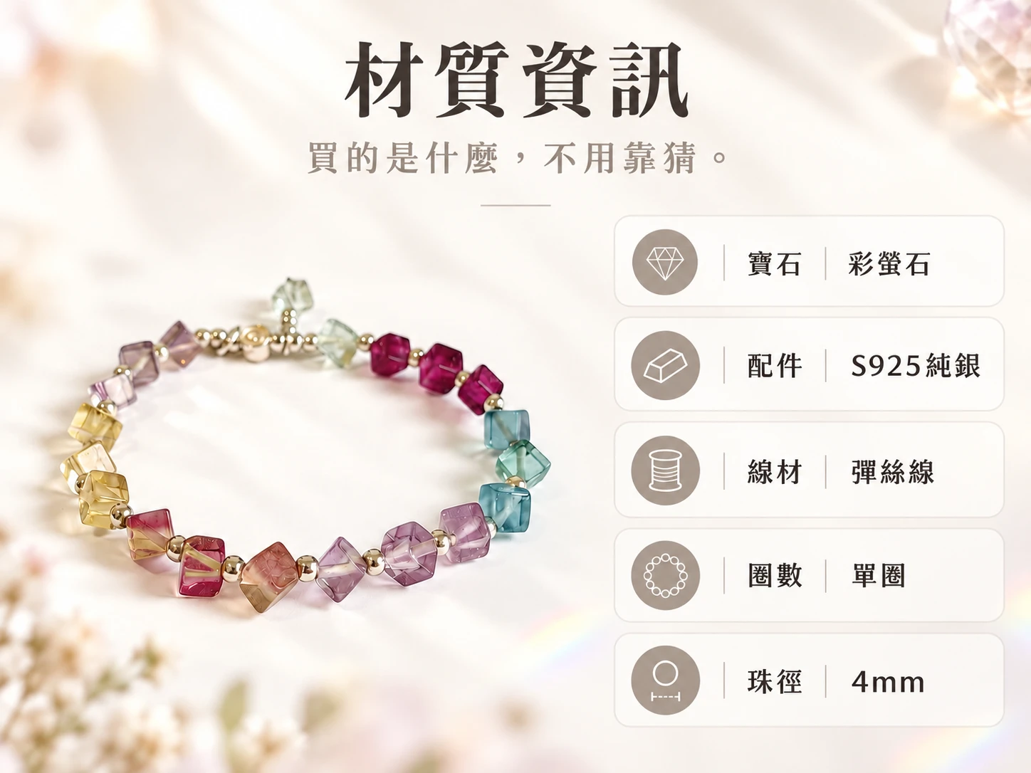 彩螢石純銀手串材質資訊展示,清楚呈現手串所使用的天然彩螢石、純銀配件與整體串珠結構,方便了解這款手串的實際材質與設計組成。