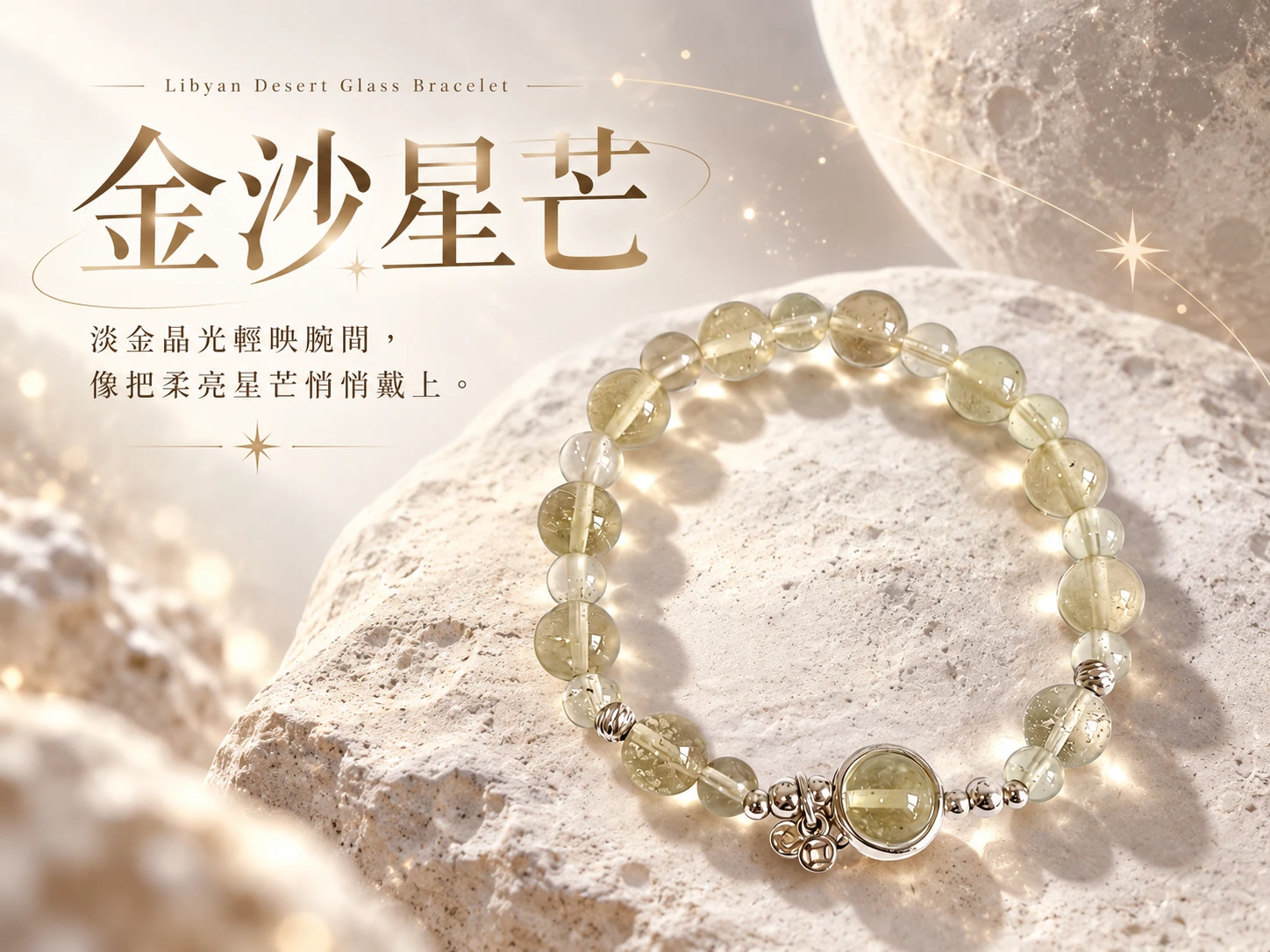 [星際能量] 天然利比亞隕石手串，產自撒哈拉沙漠的珍稀衝擊玻璃，呈現溫潤的半透明檸檬黃色澤，象徵強大顯化力、屏除負能量與連結高維智慧的高頻能量飾品。