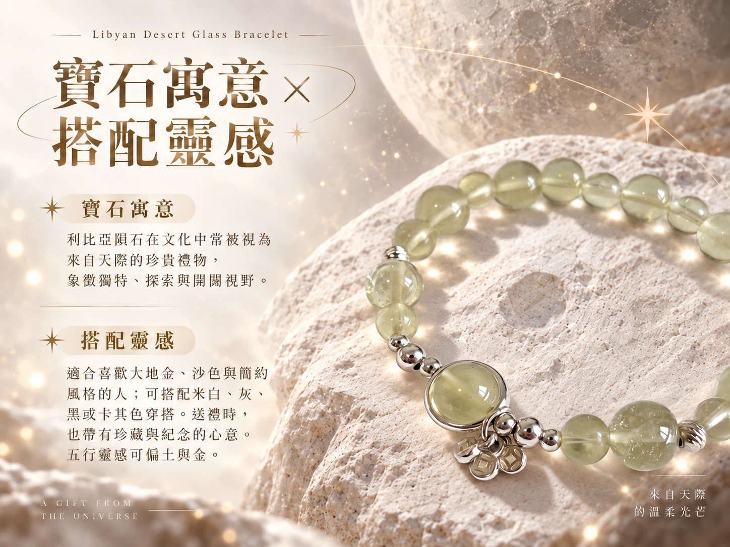 陽光穿透利比亞隕石產生的神聖黃金光暈,寓意「如烈日般的意志」與「業力清除」,透過對應太陽神經叢的能量協助實現願望,是針對欲提升整體運勢、追求靈魂進化及需要強大保護磁場者的珍藏級守護石。