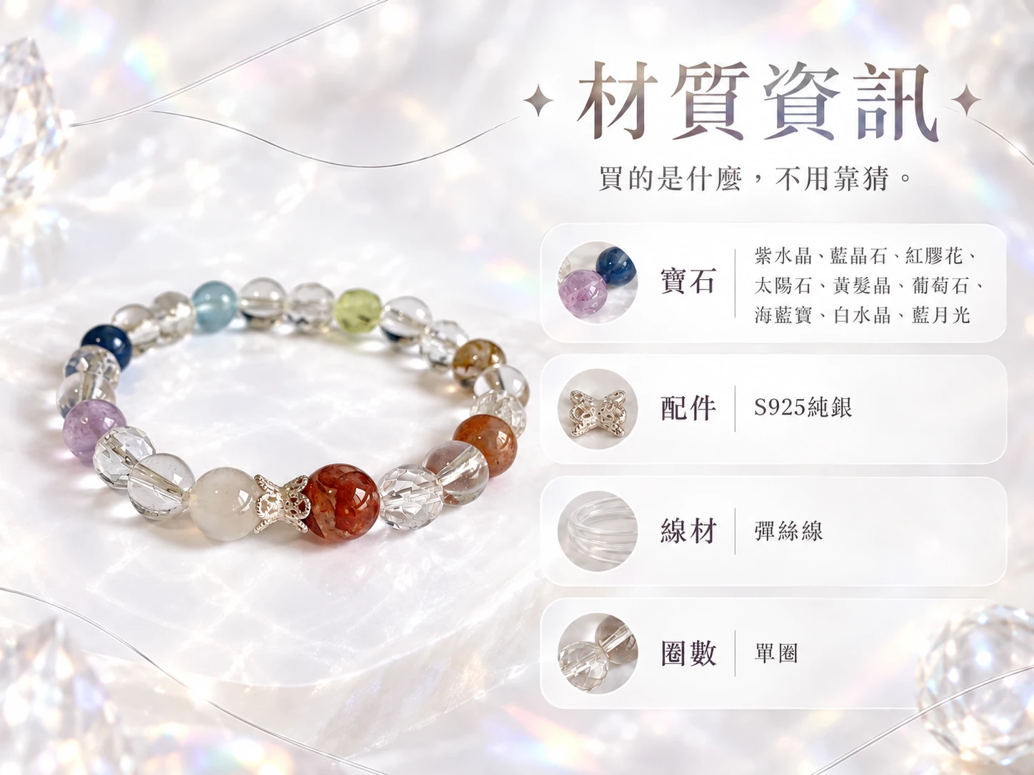 紫水晶、藍晶石、紅膠花、太陽石、黃髮晶、葡萄石、海藍寶、白水晶與藍月光純銀手串材質資訊展示,清楚呈現手串所使用的天然礦石種類、7mm 與 8mm 珠子配置、純銀配件與整體串珠結構,方便了解這款手串的實際材質與設計組成。