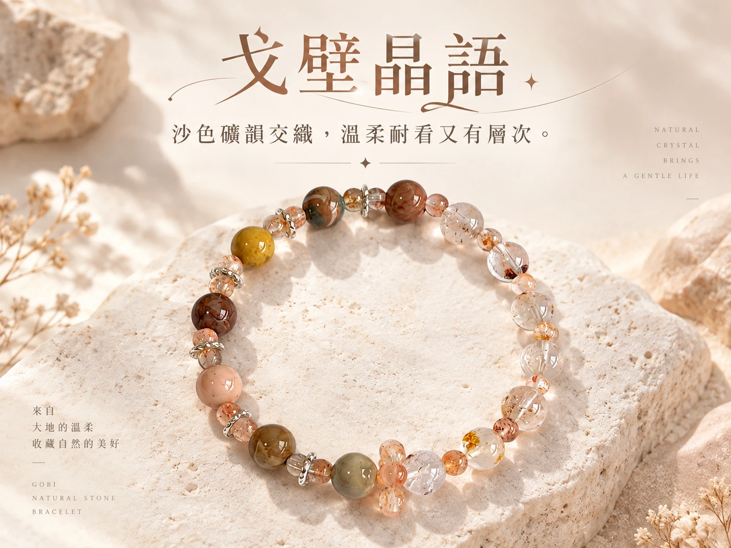 晶銀財寶 | 阿拉善、閃靈膠花與阿魯沙長石純銀單圈手串主視覺展示,以暖色調、透明感與細膩礦石紋理交織出豐富層次,搭配純銀配件呈現溫柔耐看且適合日常配戴的手串設計。