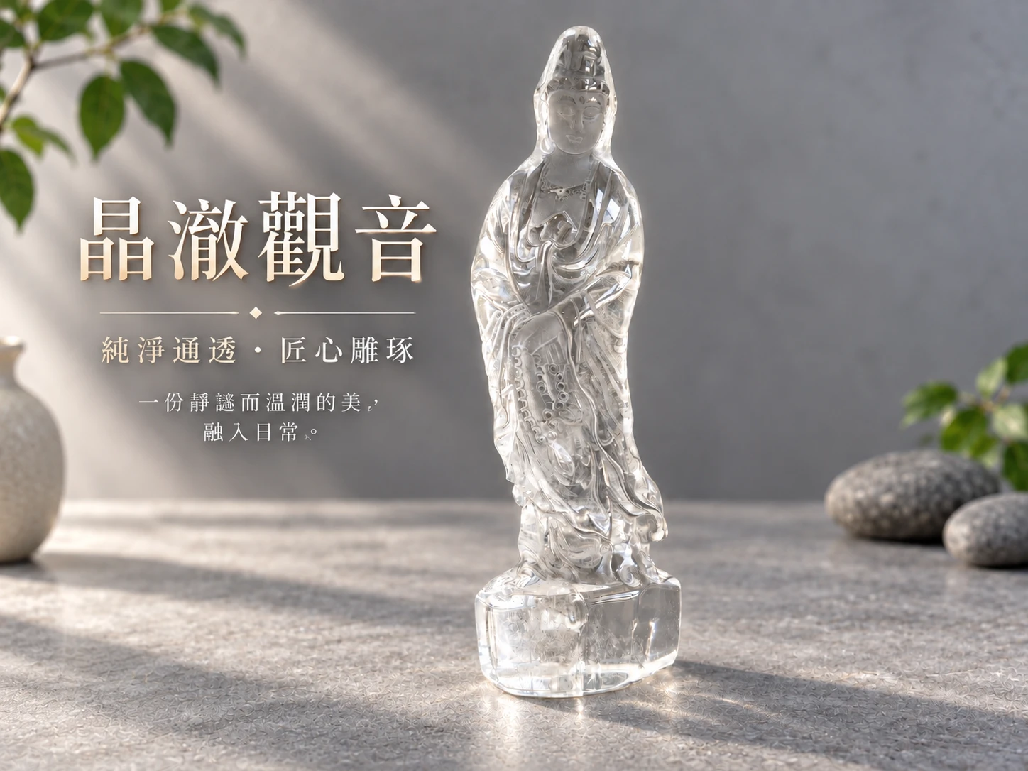 晶銀財寶，白水晶雕刻觀音擺件主視覺展示，以天然白水晶雕刻觀音造型，呈現清透晶體光澤、立體雕刻線條與細緻質感，適合居家擺飾、收藏與空間陳列。