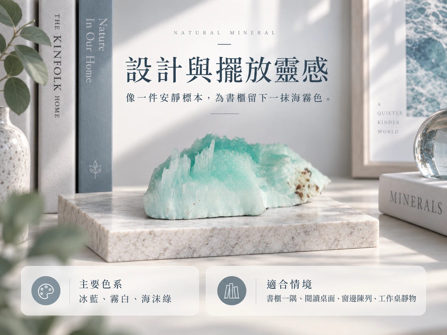 藍文石原礦擺件設計與情境展示,保留天然原礦的不規則外型與藍色礦石質感,可擺放於書桌、辦公桌、玄關、展示櫃或居家空間,呈現自然清新的晶礦裝飾風格。