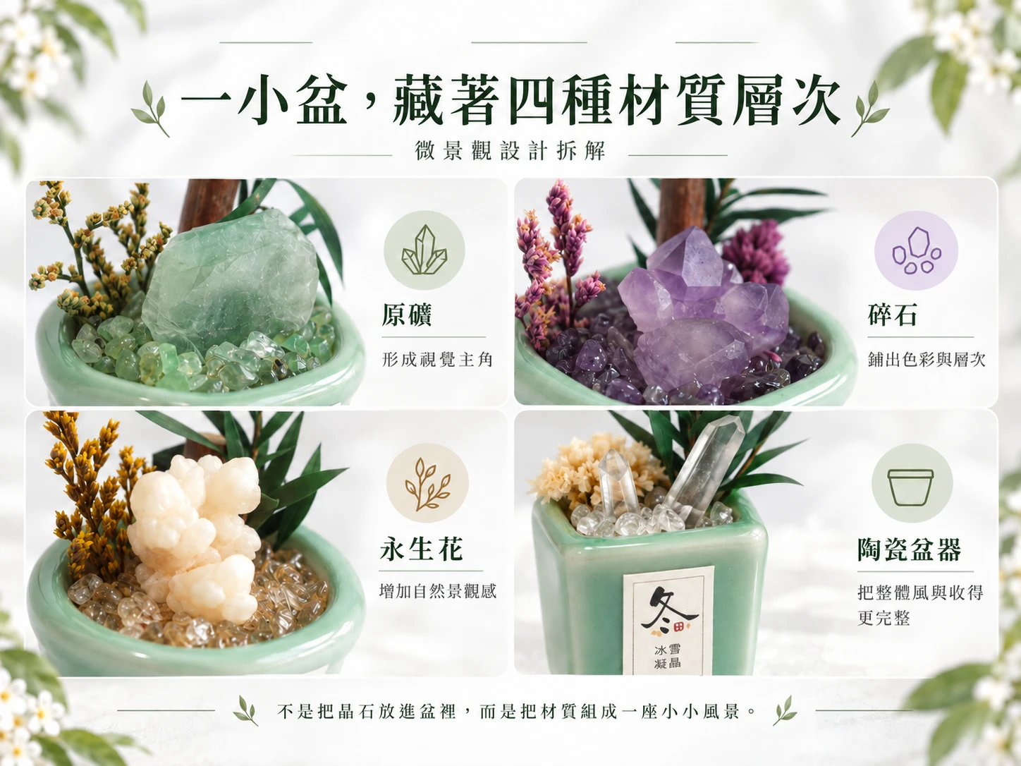 四季晶景微景觀晶石擺件實品細節展示,近距離呈現天然晶石的色澤、紋理、碎石層次、造景配置與盆器細節,展現每一盆四季景觀不同的外觀特色與細膩質感。