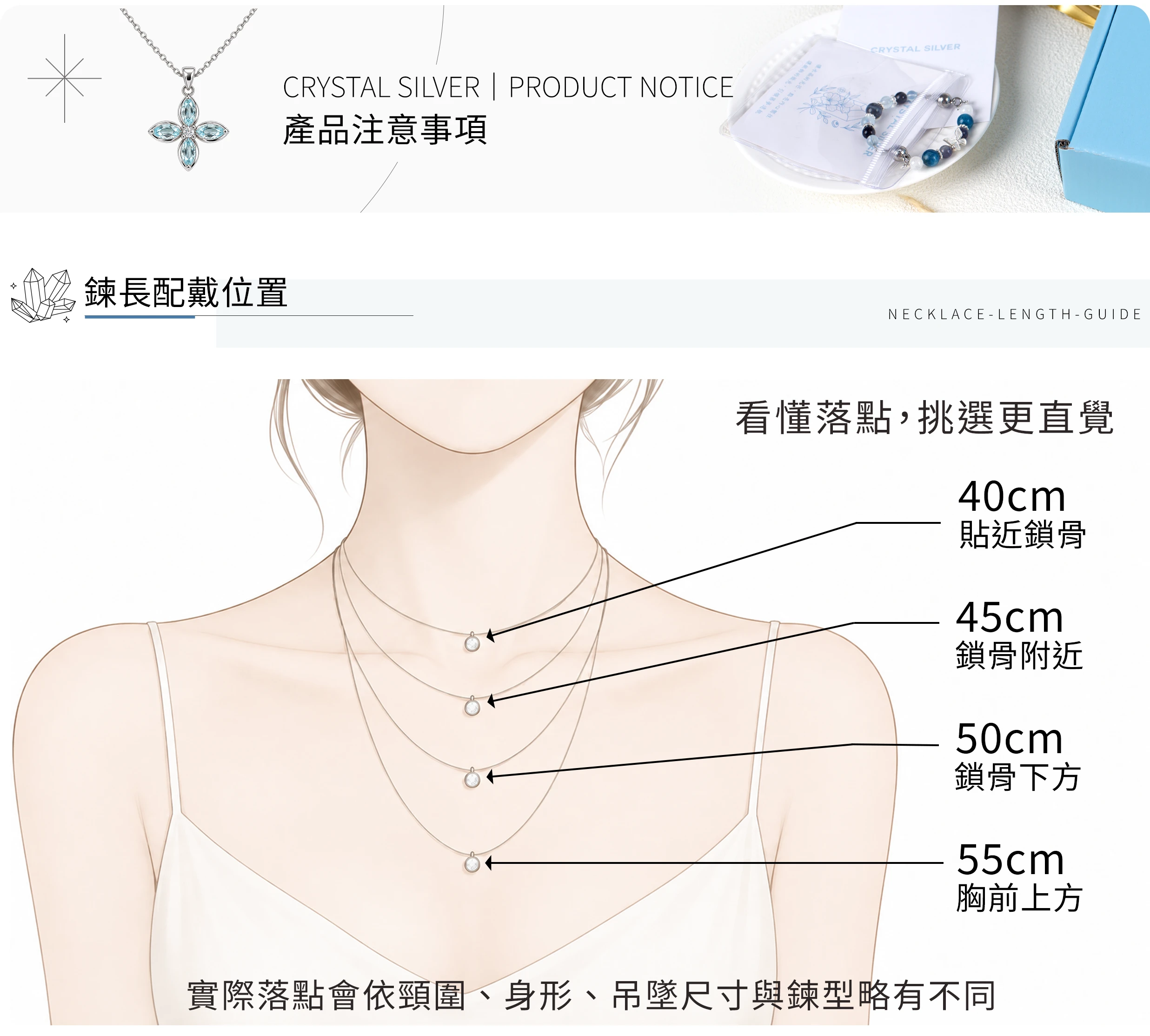 項鍊配戴落點展示，呈現吊墜實際佩戴於頸部與鎖骨位置的垂墜比例、鍊長與視覺位置，方便了解項鍊上身後的實際配戴效果。