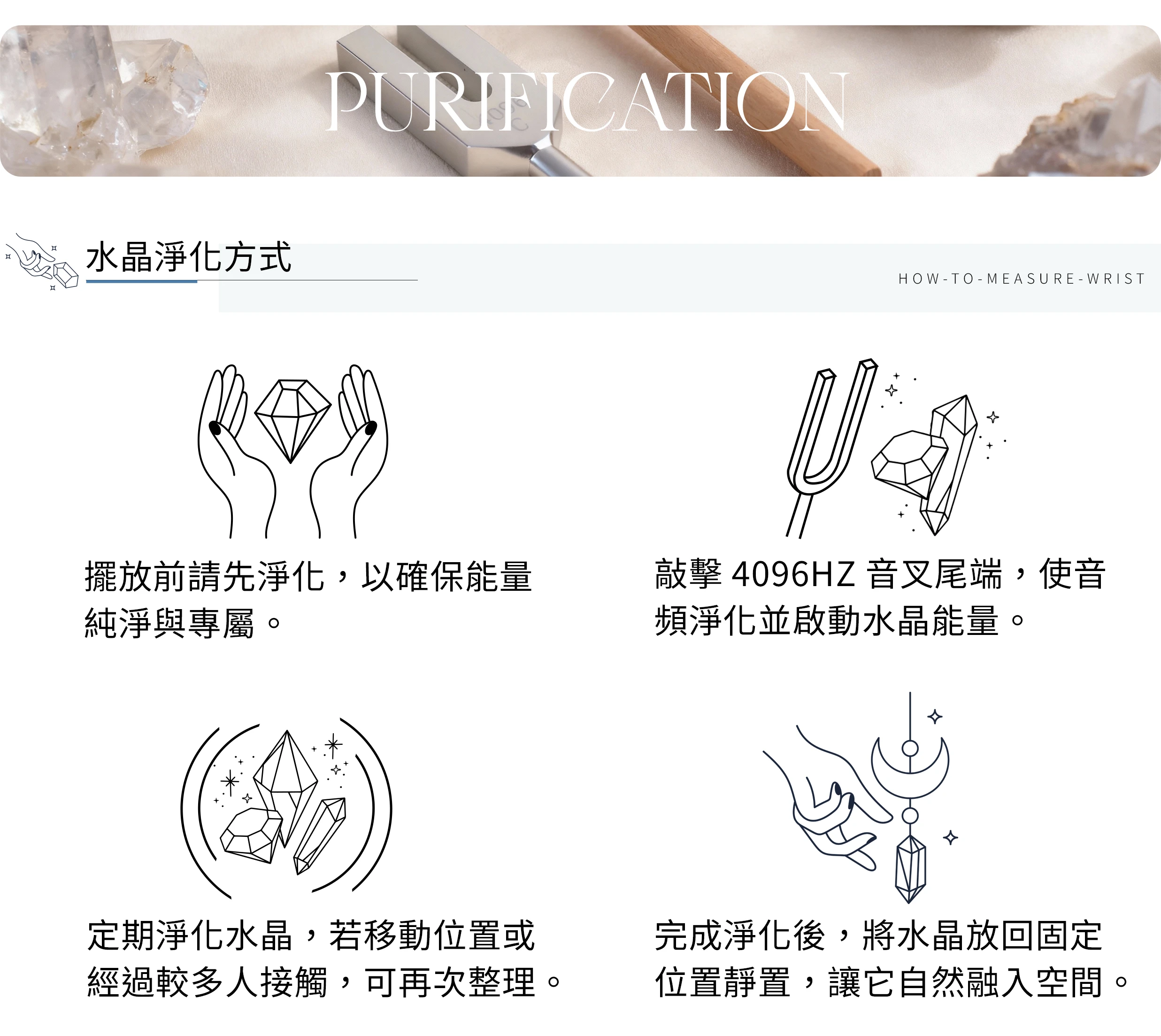 天然水晶淨化教學示意圖，展示日光、月光與白水晶簇等淨化方法