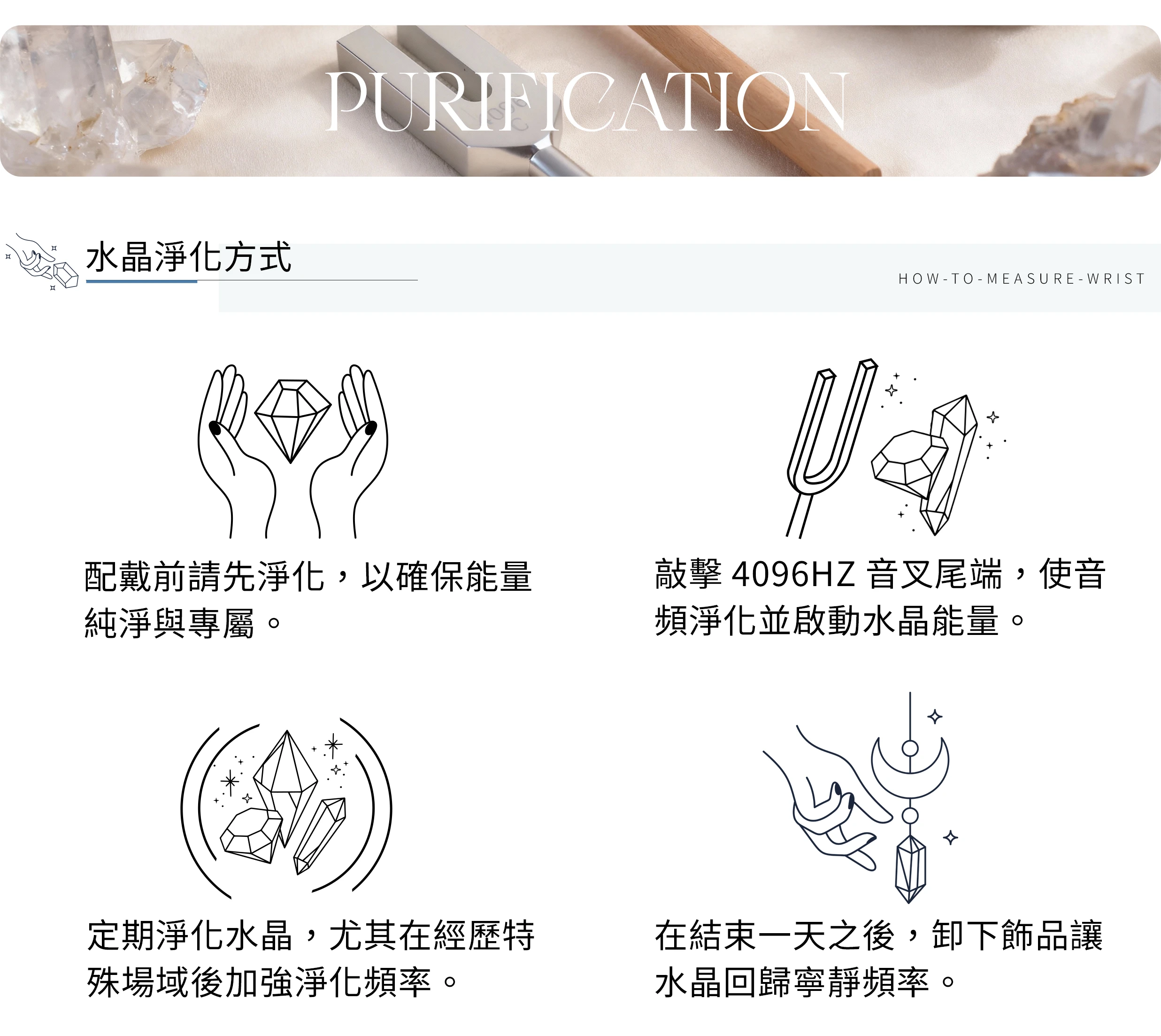 天然水晶淨化教學示意圖,展示日光、月光與白水晶簇等淨化方法