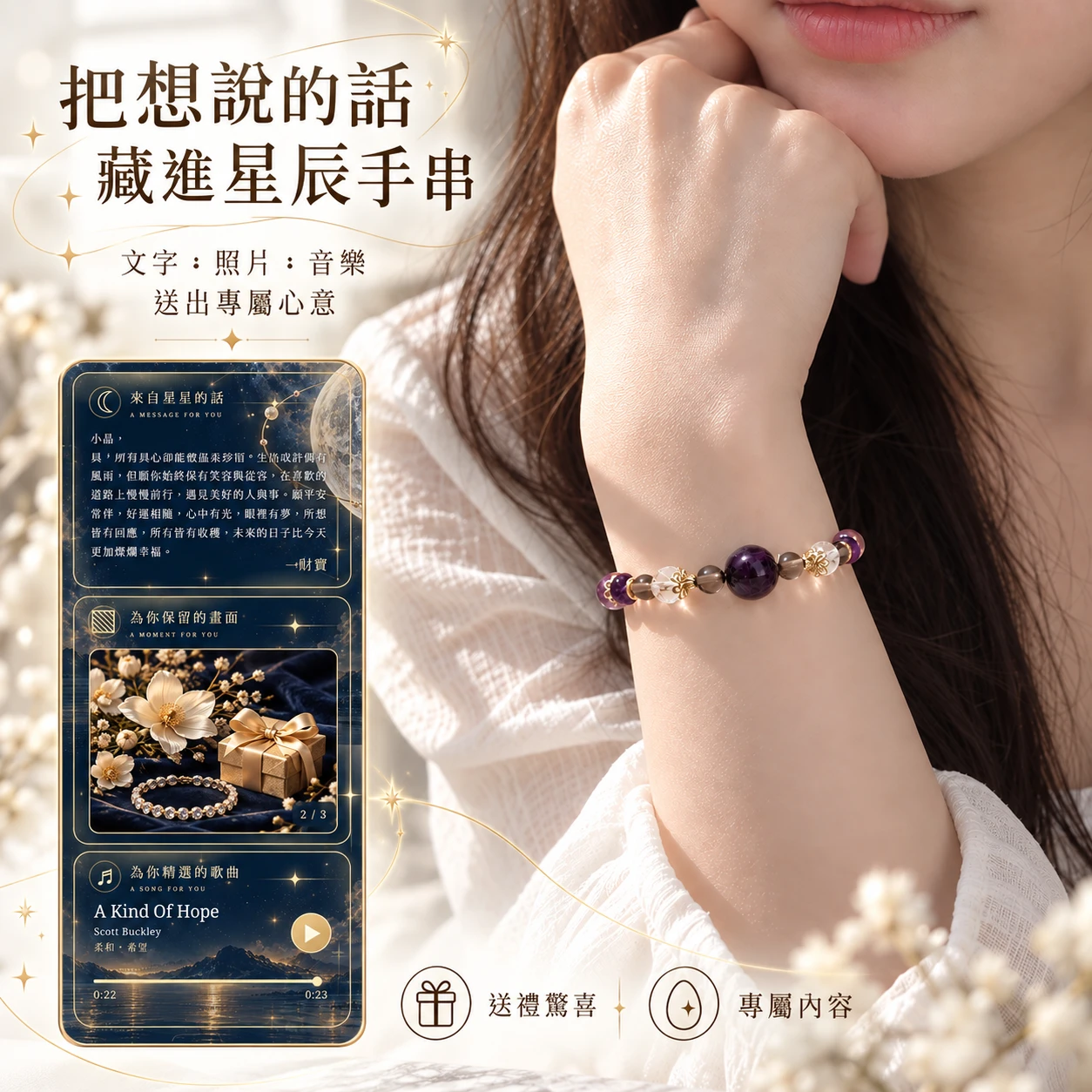 紫夜星辰｜冰曜石・白水晶・紫水晶｜星辰感應手串