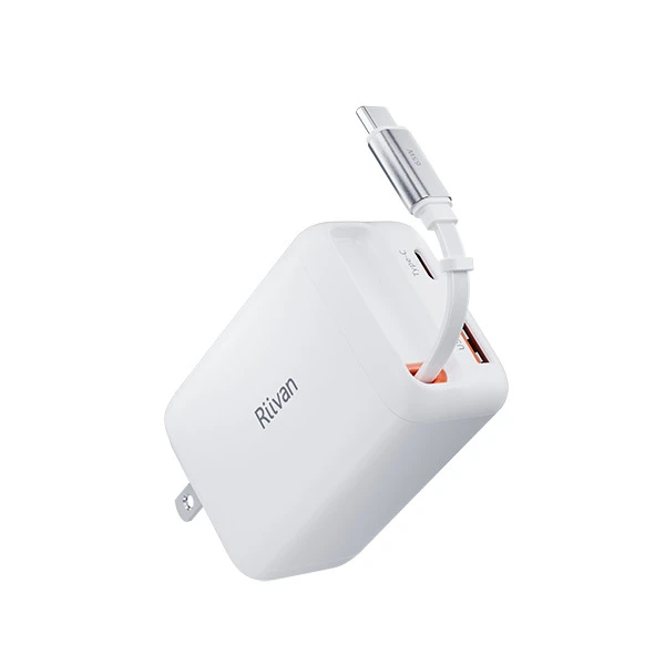 Riivan 65W 伸縮線GaN氮化鎵3孔充電器 白色 / 黑色 2品同款