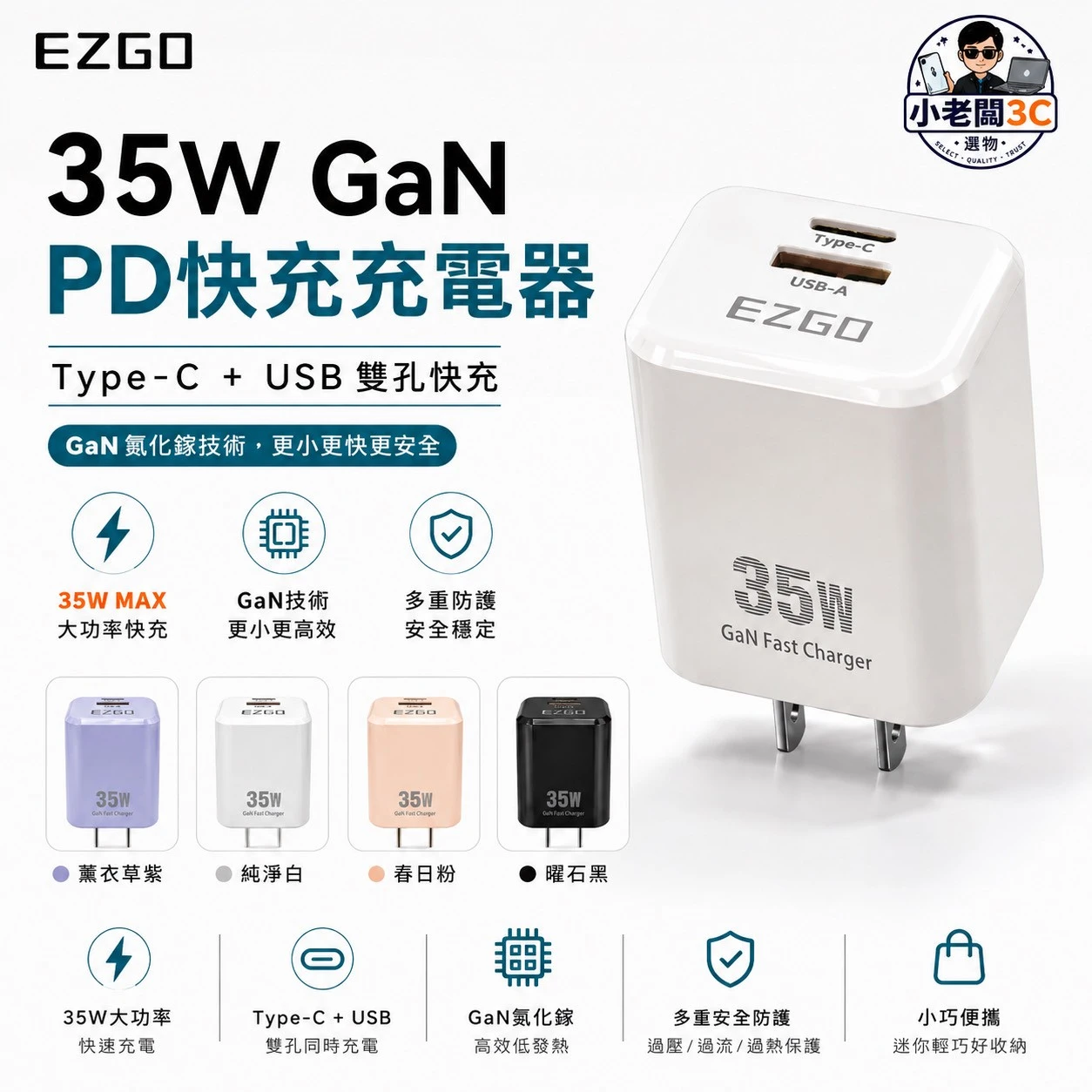 充電頭 PD快充頭 35W 不發燙 充電器 迷你雙孔 氮化鎵 雙孔快充 手機 平板 快充頭