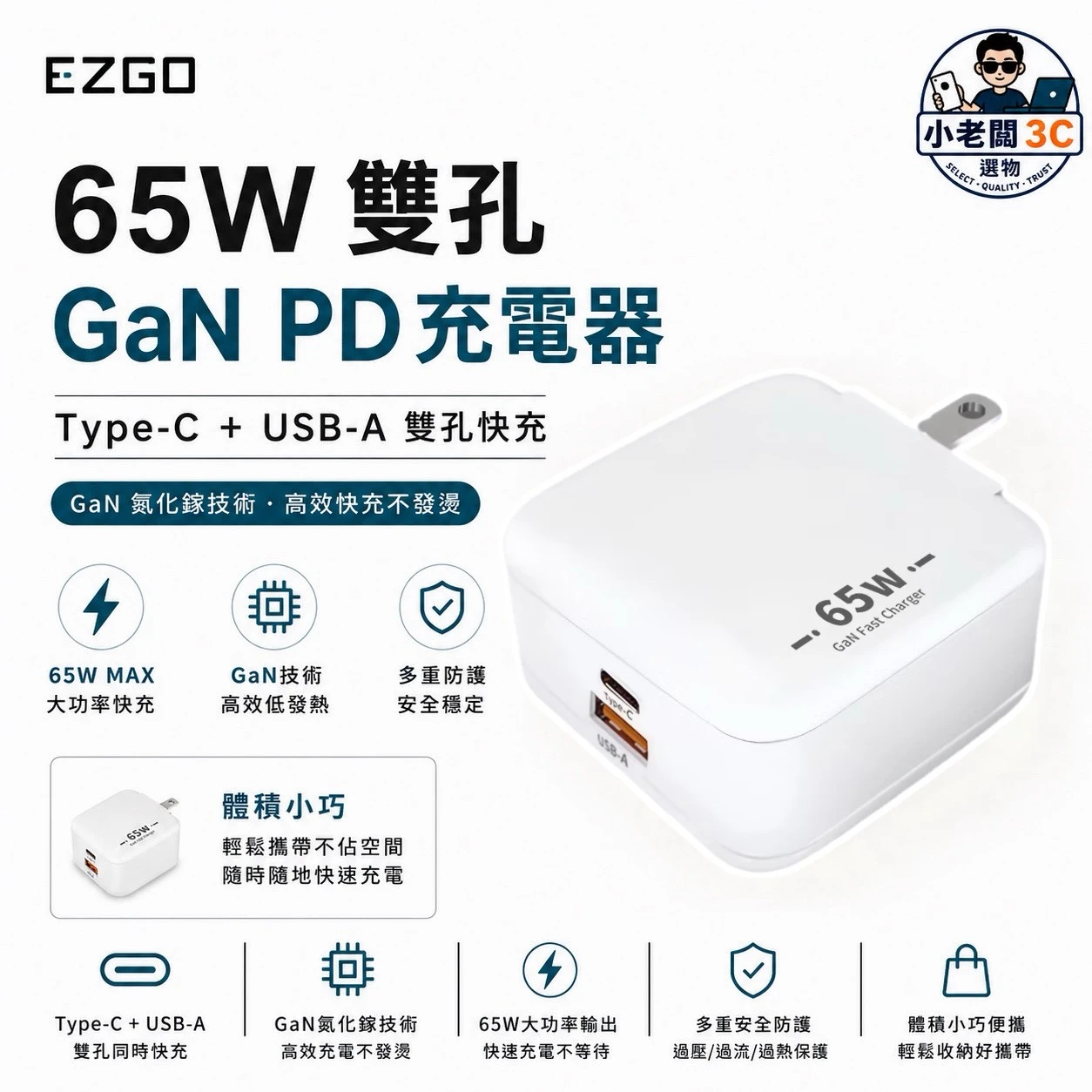 快充頭 PD快充頭 65W 充電器 雙孔 摺疊插頭 電源供應器 手機 筆電 快充頭