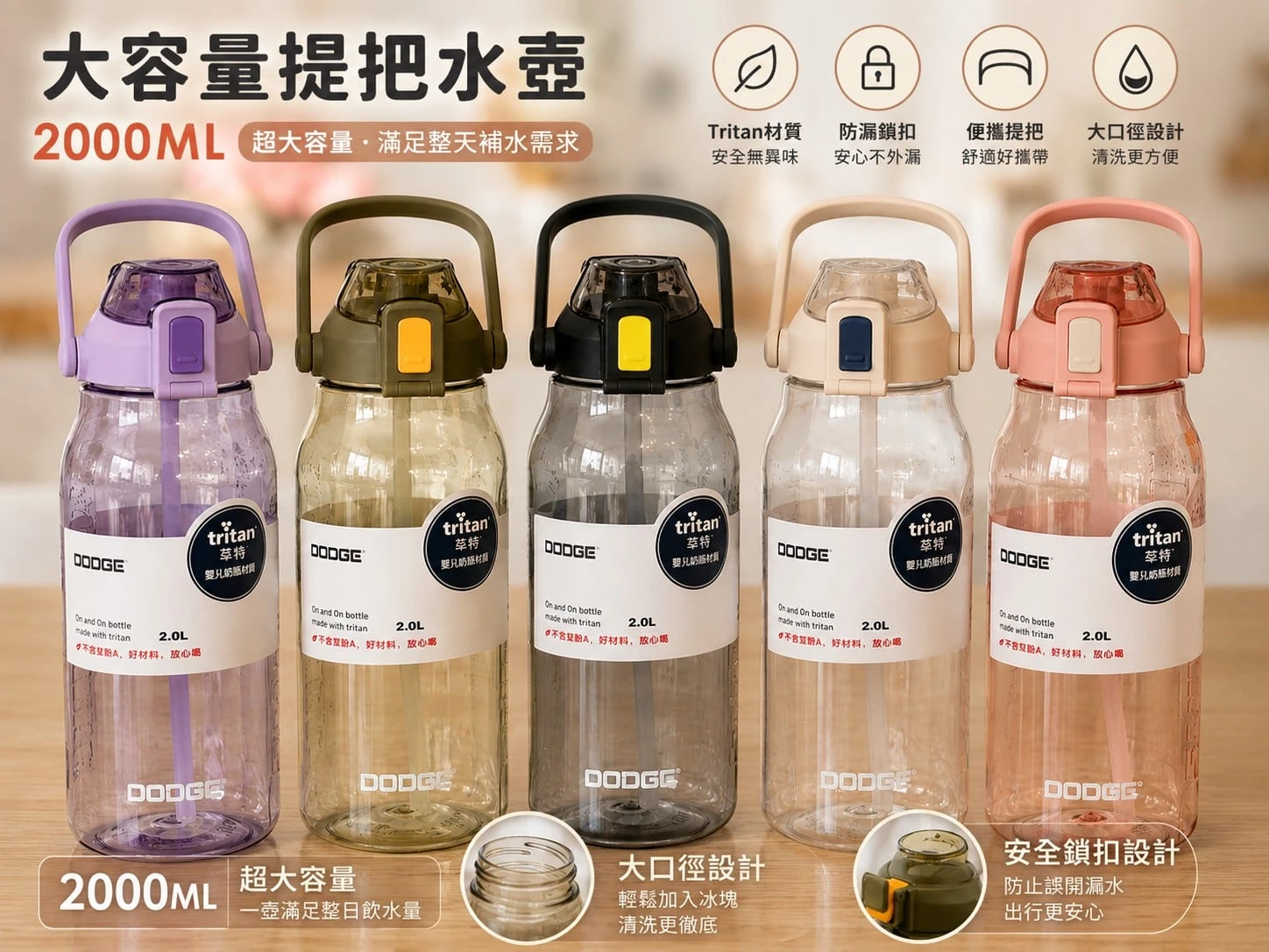 大容量提把水壺 2000ml｜TRITAN不含雙酚A 時間刻度｜安全鎖扣不漏 運動旅遊 五色可選 免運