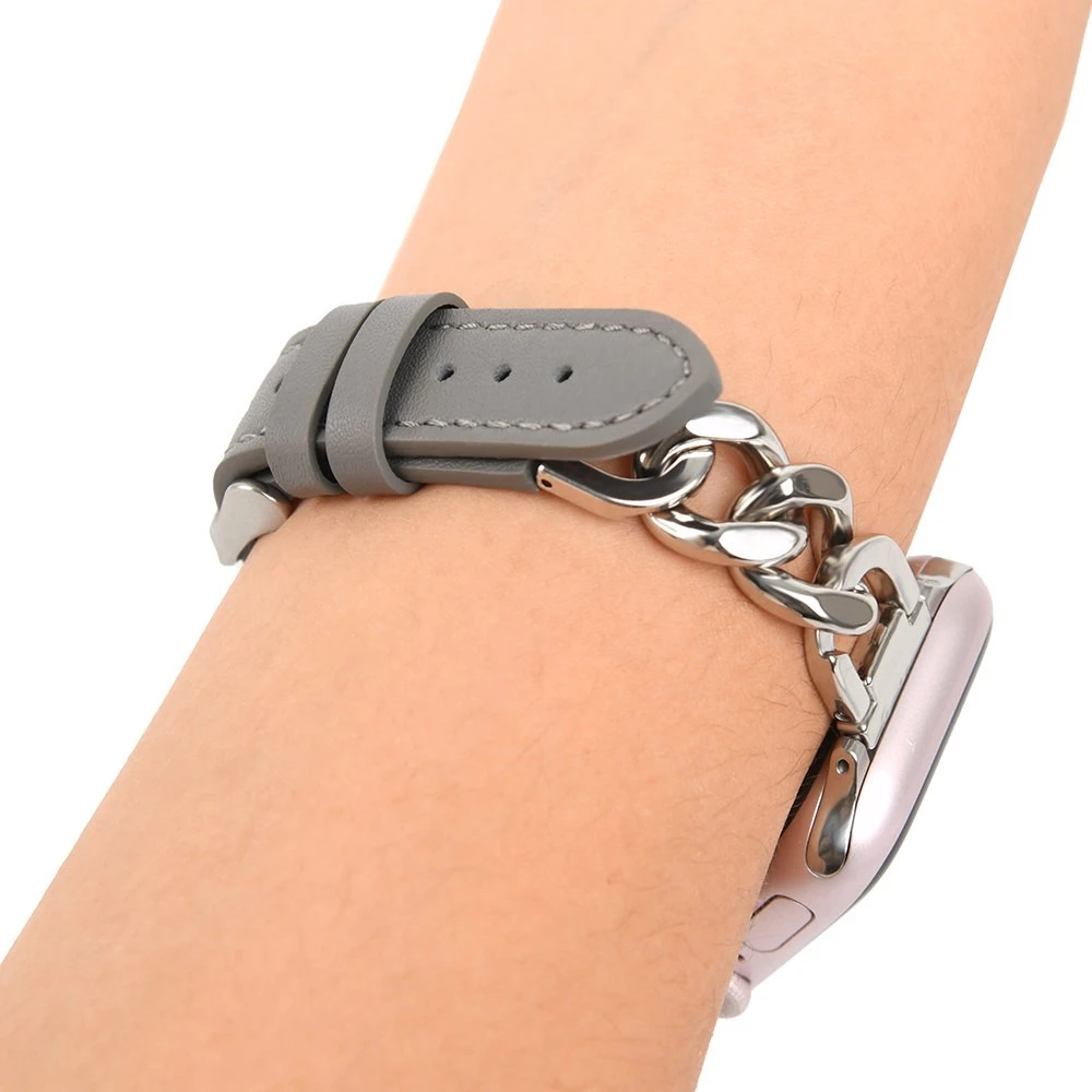 GRAMAS Apple Watch 44/45/46/49mm 仕女金屬鏈皮革錶帶-灰色