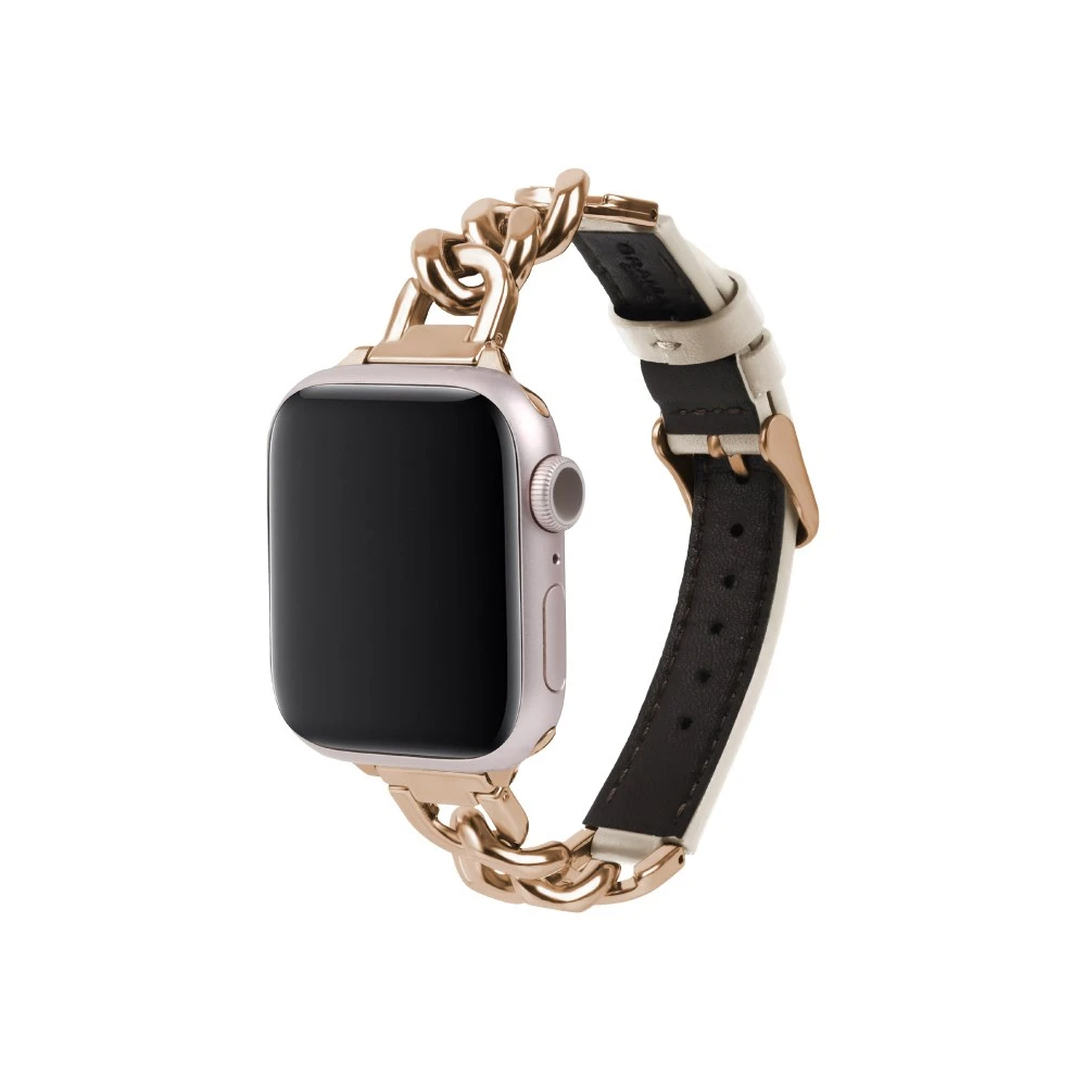 GRAMAS Apple Watch 44/45/46/49mm 仕女金屬鏈皮革錶帶-卡其色