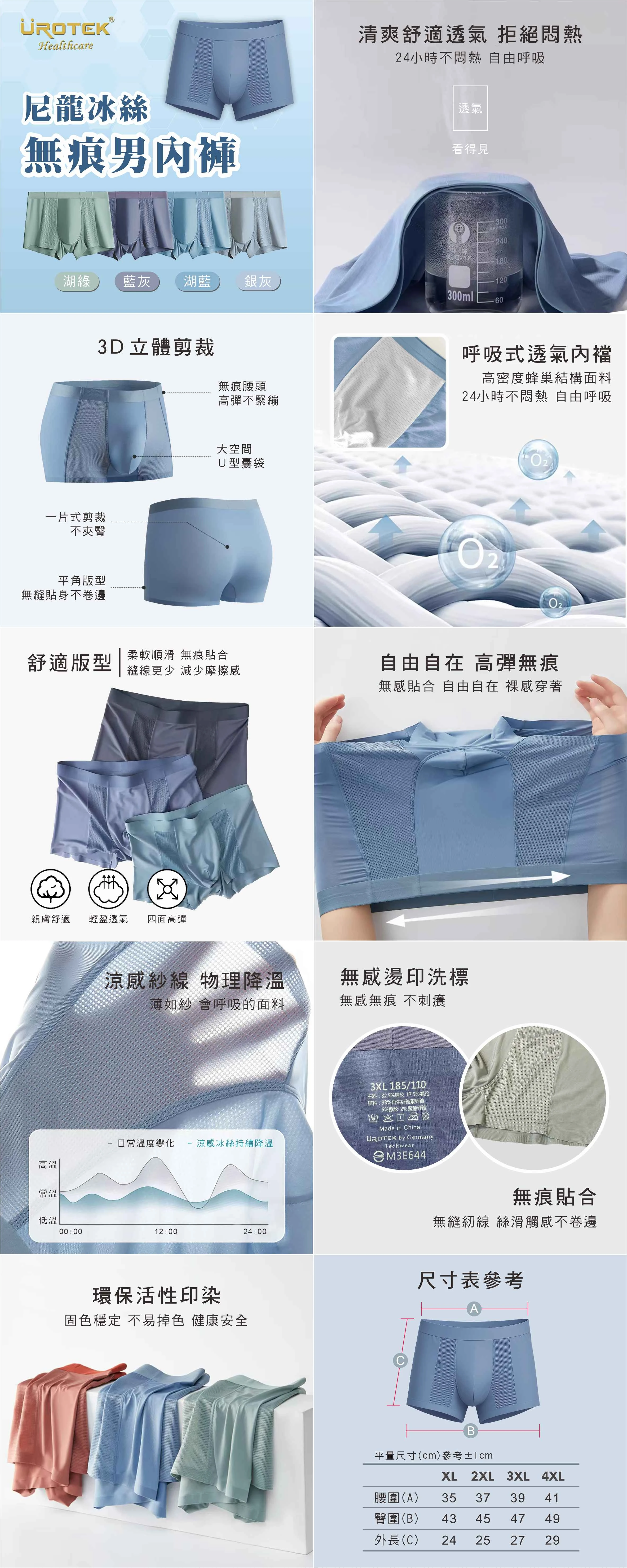ÜROTEK 優諾克 尼龍冰絲無痕男內褲 超值四色清涼套組