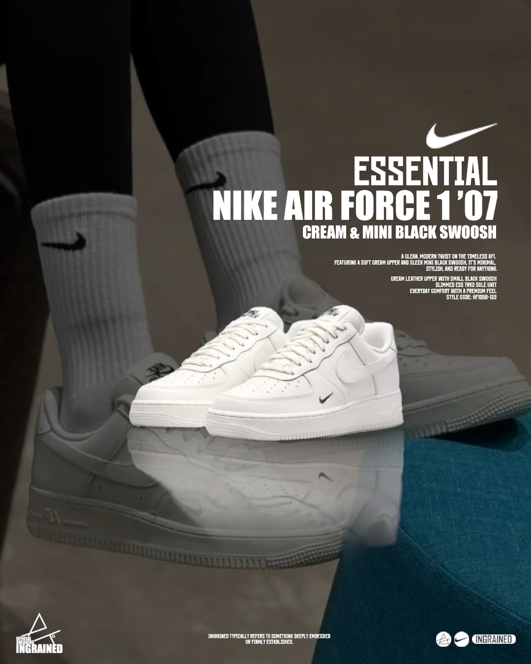 INGRAINED｜Nike Air Force 1'07 "Essential" 奶油白刺繡小勾 HF1058-133