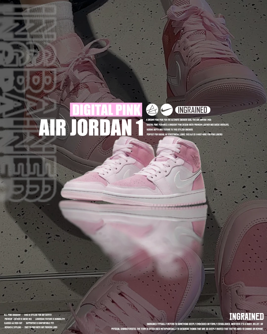 INGRAINED｜Nike Air Jordan 1 Mid "Digital Pink" 女 粉白 CW5379-600