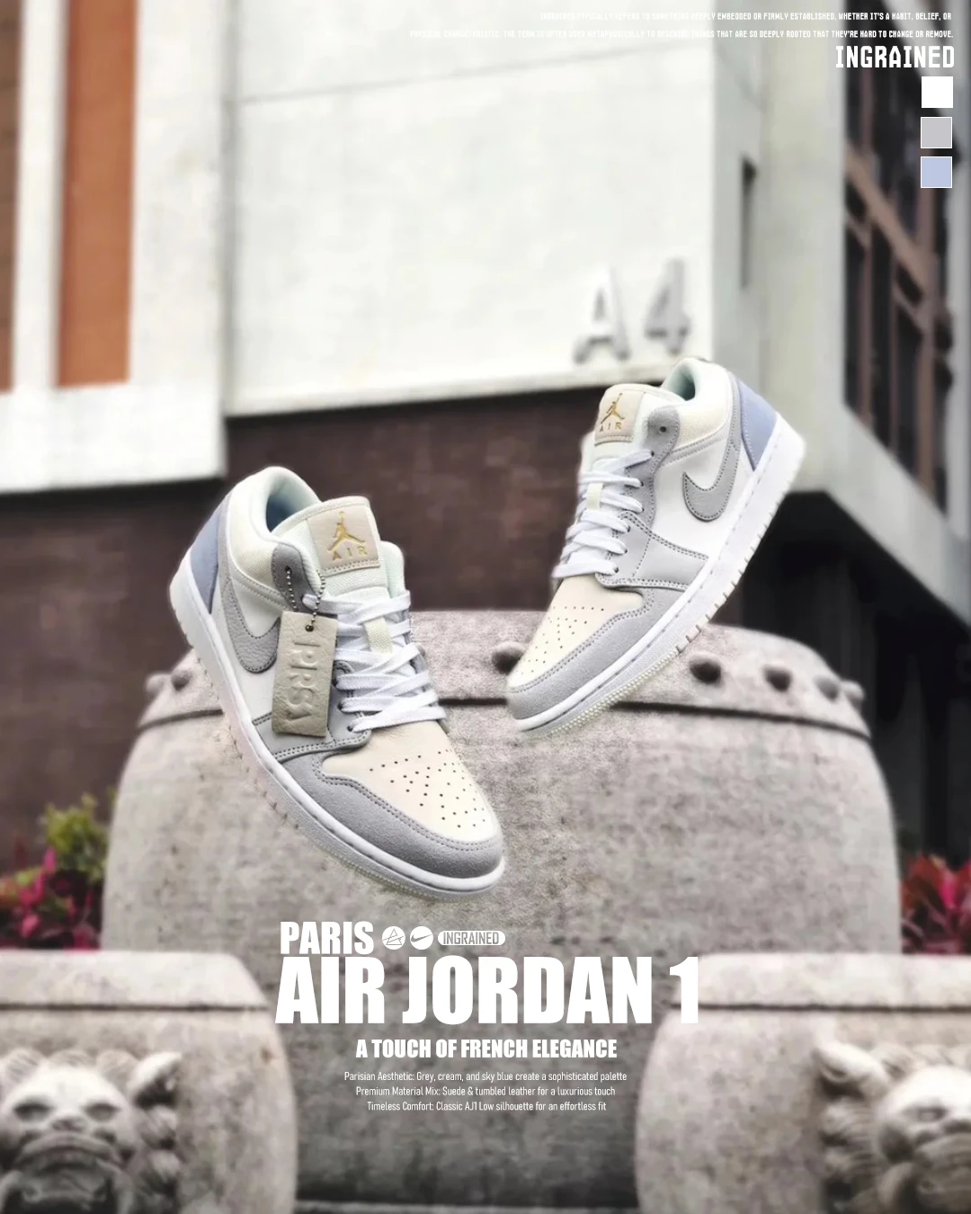 INGRAINED｜Nike Air Jordan 1 Low "Paris" 巴黎雲白灰 CV3043-100