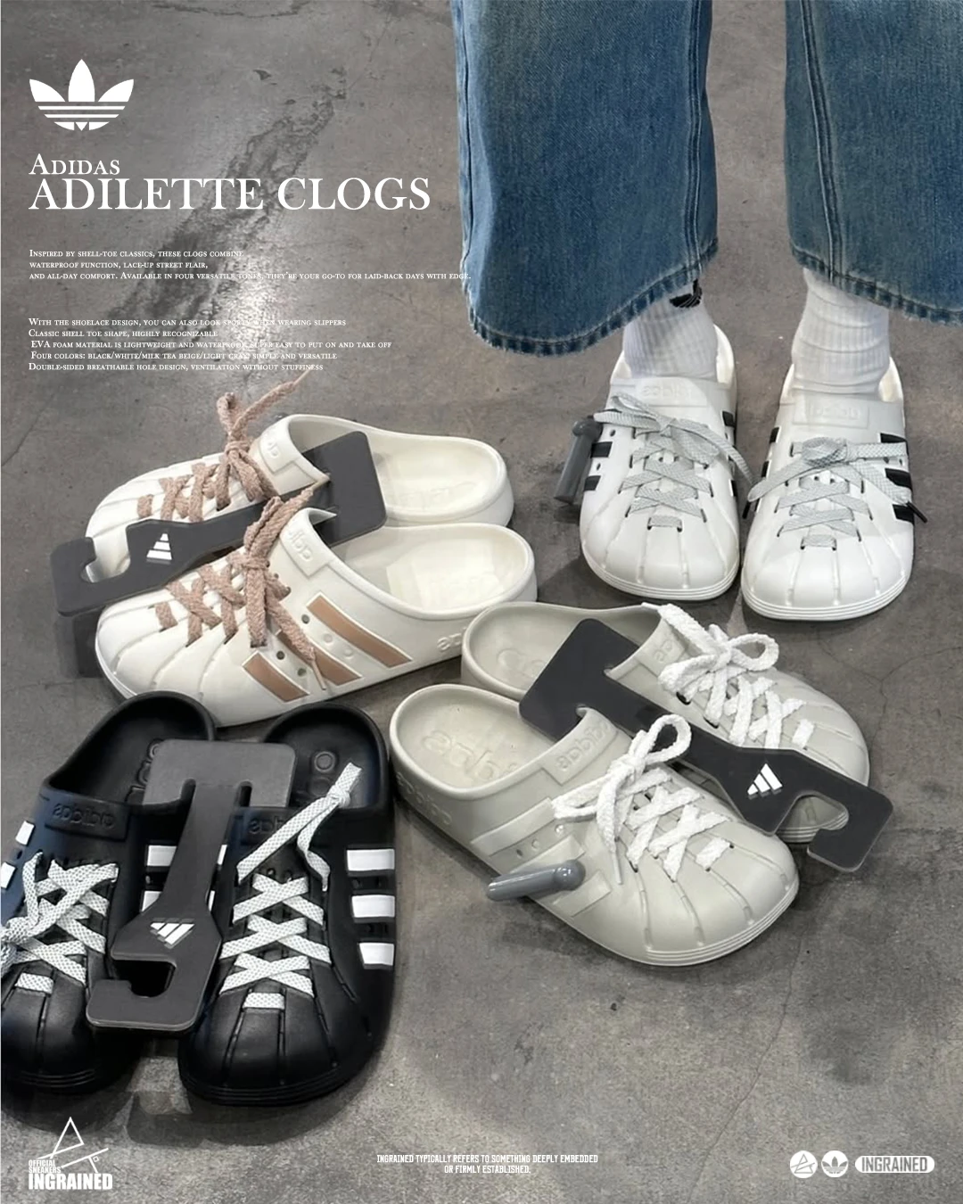 INGRAINED｜adidas ADILETTE CLOGS 鞋帶款｜懶人鞋 × 洞洞拖× 防水設計 JH9849 JH9848 JQ2118 JQ2117