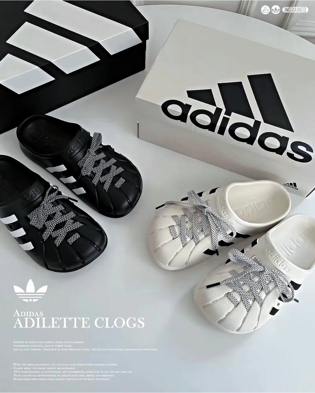 INGRAINED｜adidas ADILETTE CLOGS 鞋帶款｜懶人鞋 × 洞洞拖× 防水設計 JH9849 JH9848 JQ2118 JQ2117
