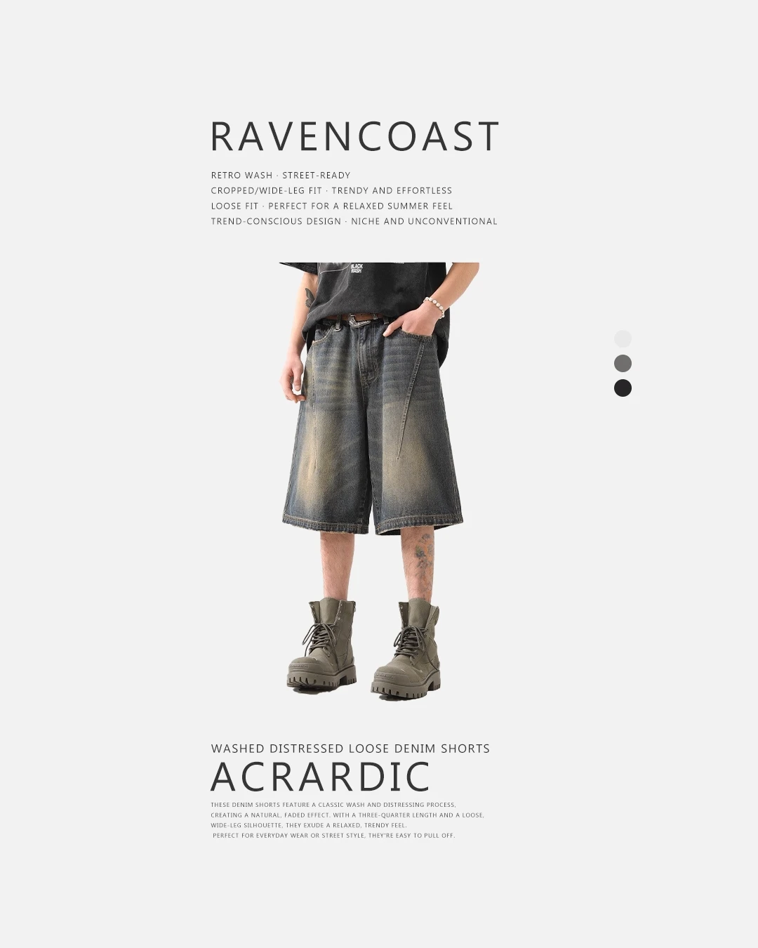 RAVENCOAST｜夏日街頭 水洗 做舊 牛仔短褲 寬鬆 闊腿 七分褲