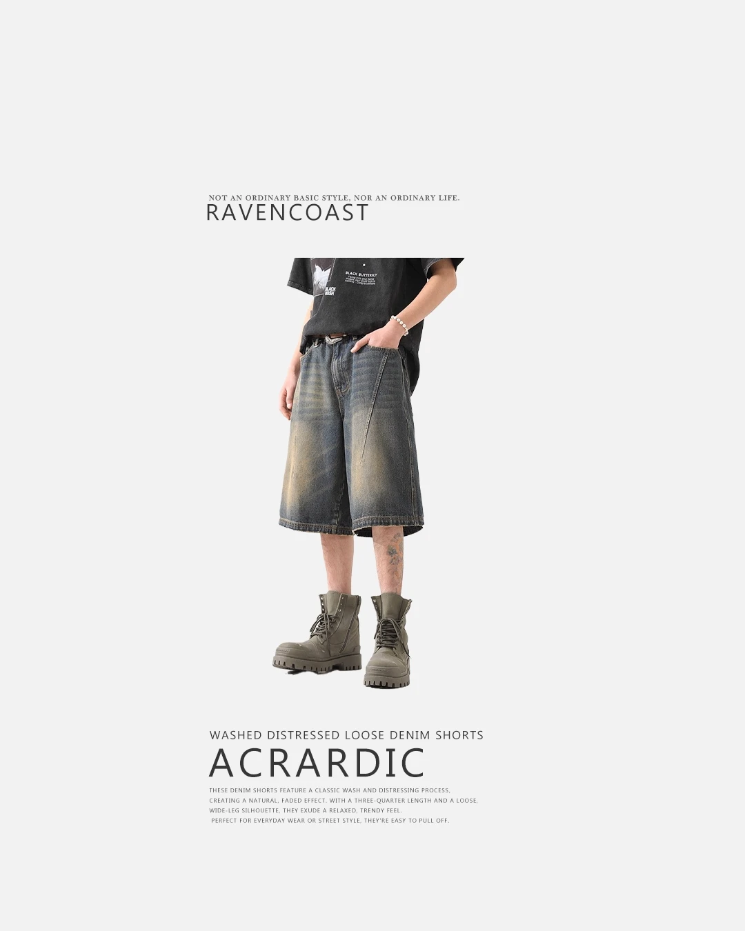 RAVENCOAST｜夏日街頭 水洗 做舊 牛仔短褲 寬鬆 闊腿 七分褲