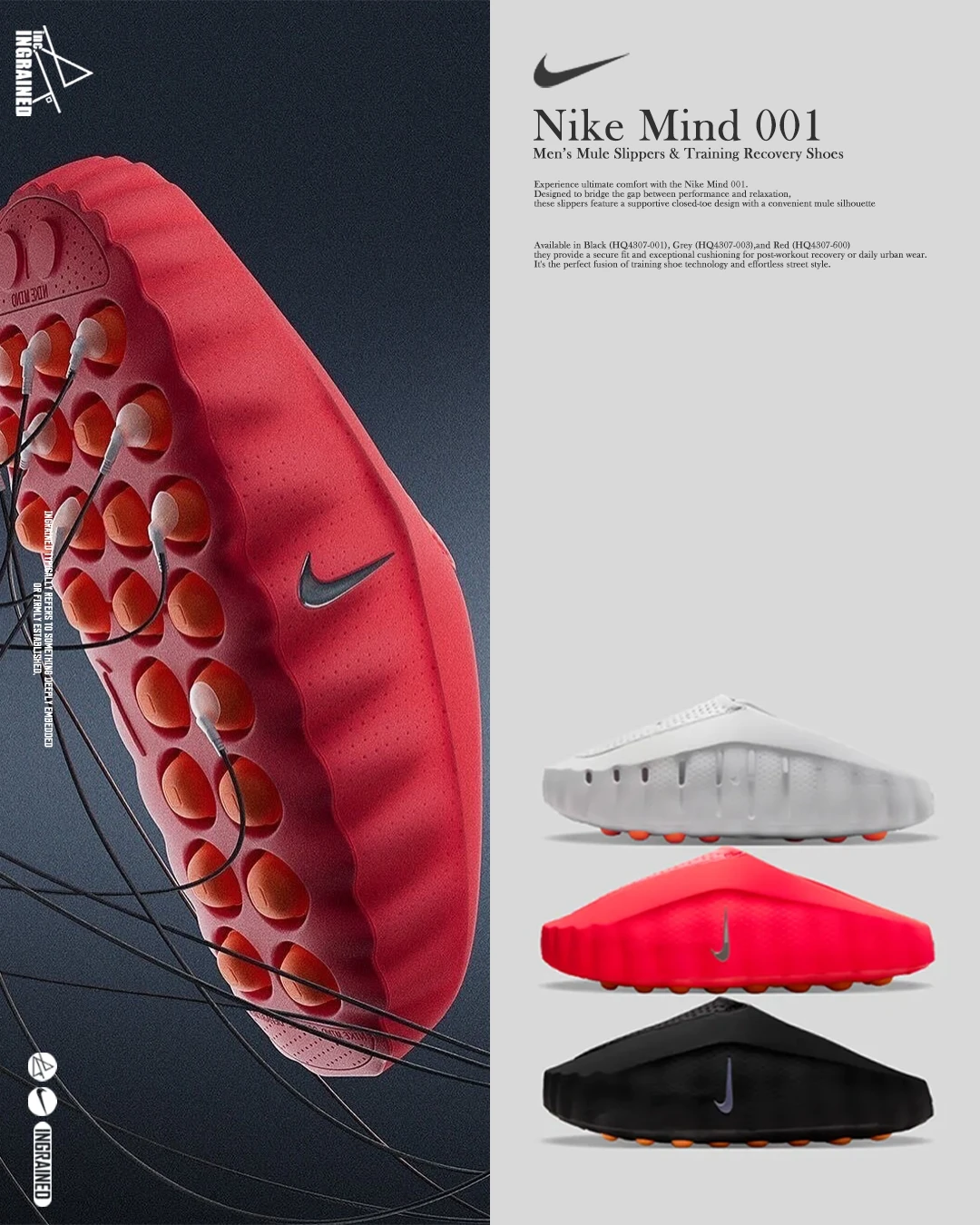 INGRAINED｜Nike Mind 001 男款 包頭拖鞋 穆勒拖 舒適貼合 訓練鞋 黑色 HQ4307-001 灰色 HQ4307-003 紅色 HQ4307-600
