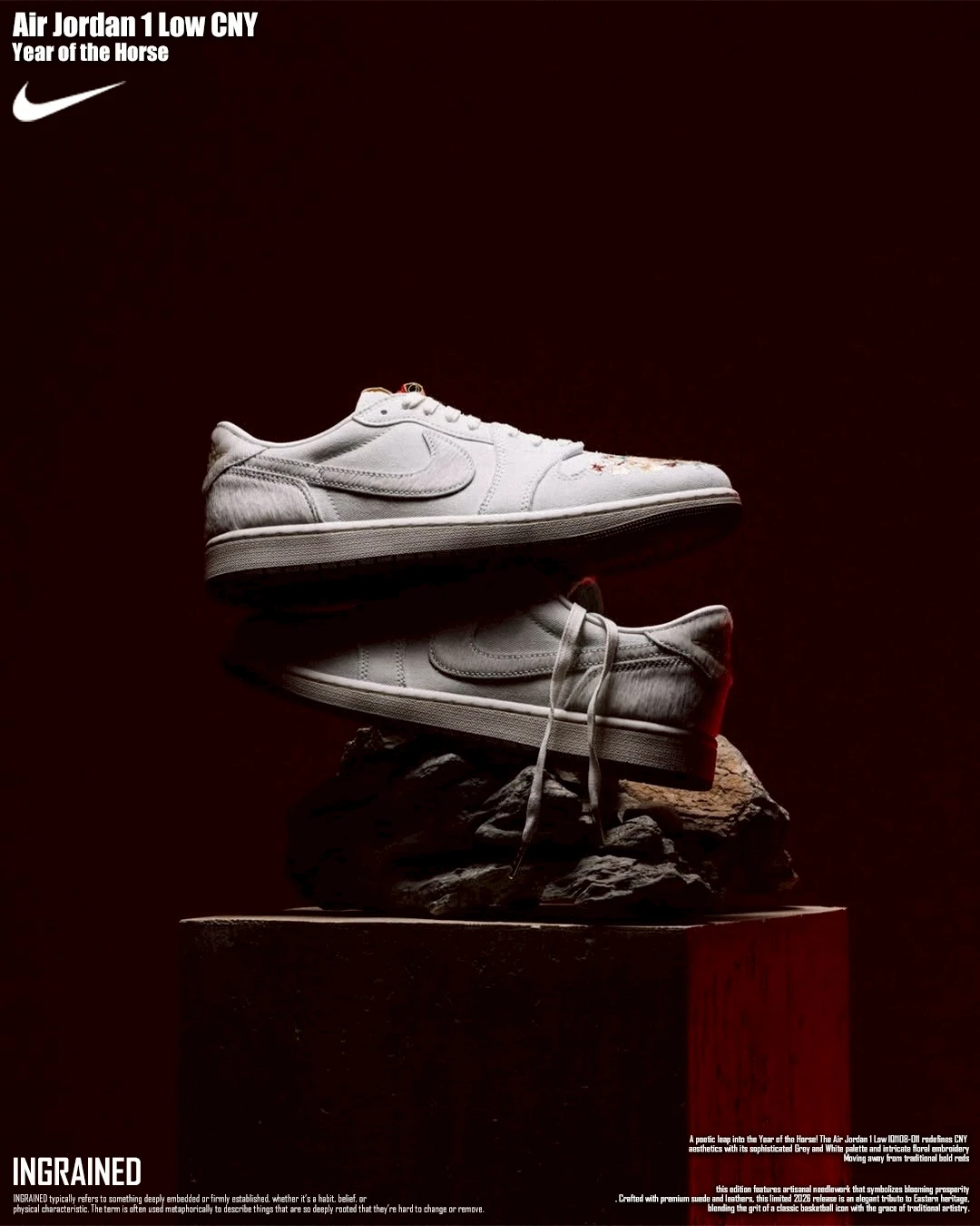 INGRAINED｜Air Jordan 1 Low CNY IQ1108-011｜ 2026 馬年限定：灰白花卉刺繡