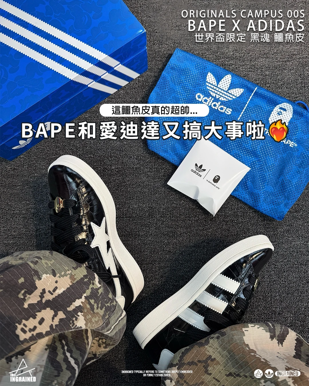 INGRAINED｜BAPE x Adidas Originals Campus 00s 世界盃限定 黑魂 鱷魚皮 KJ8851