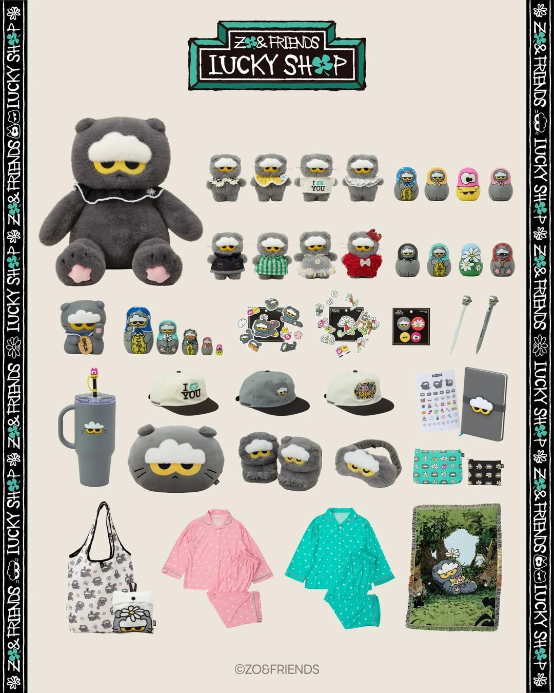 ZO&FRIENDS LUCKY SHOP｜靠枕 小吊飾盲盒 大吊飾盲盒 大容量隨行杯 俄羅斯娃娃 毛絨玩偶 室內拖鞋 睡眠眼罩招財公仔 原子筆 筆記本 zoa貼紙組