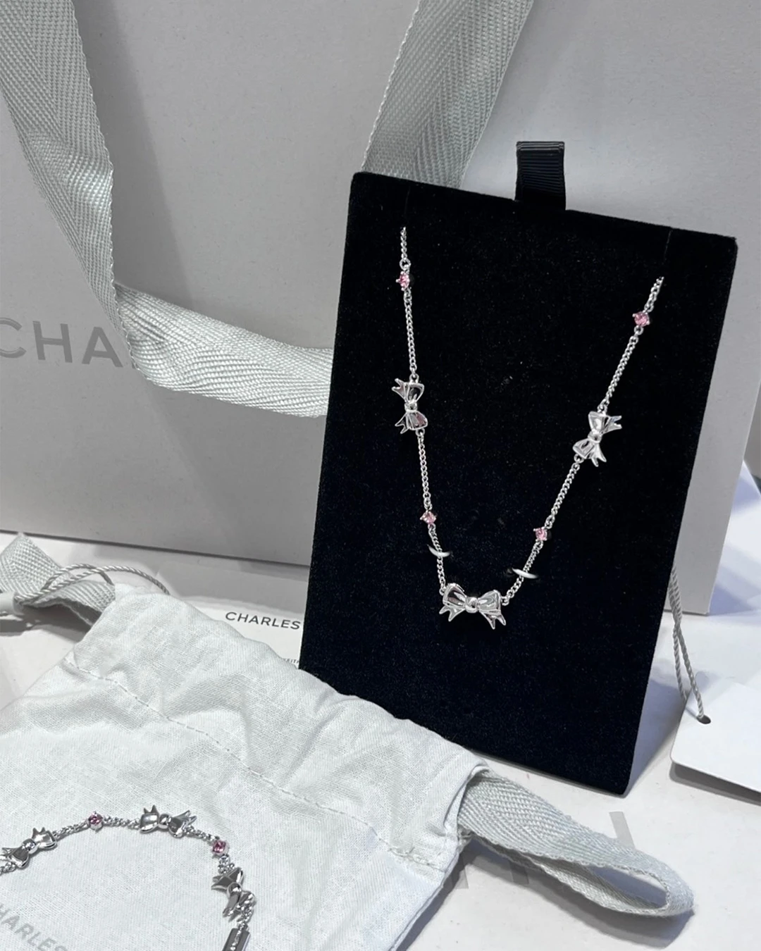CHARLES & KEITH ｜ 小CK 蝴蝶結 粉鑽 水晶 項鍊 手鍊 戒指 耳飾