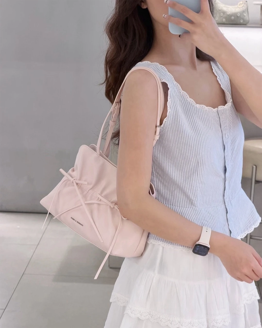 CHARLES&KEITH｜小CK 芭蕾 褶皺 抽繩 蝴蝶結 單肩 腋下包 中號 女款