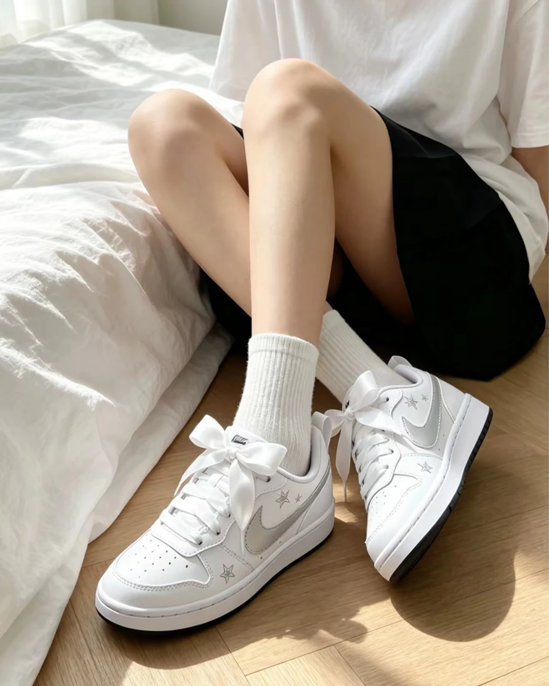 Nike Court Borough｜ 訂製款 星星 閃耀銀星 金屬銀勾 緞帶蝴蝶結
