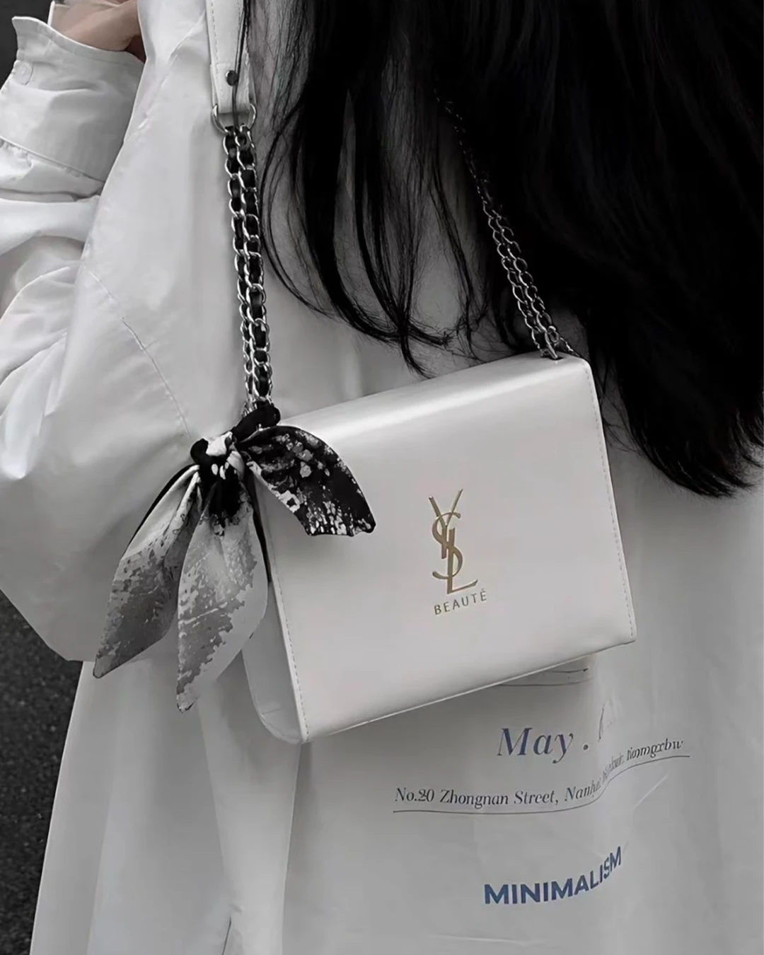 YSL｜浮光織語 奶油米白 絲巾 鏈條包