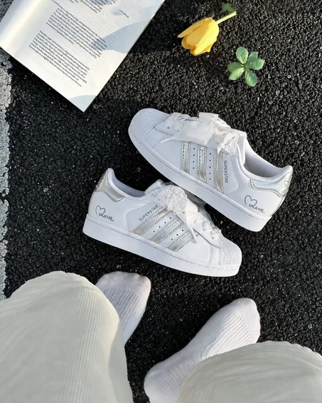 adidas Originals Superstar｜訂製款 貝殼鞋 銀紗 蕾絲蝴蝶結 手寫愛心