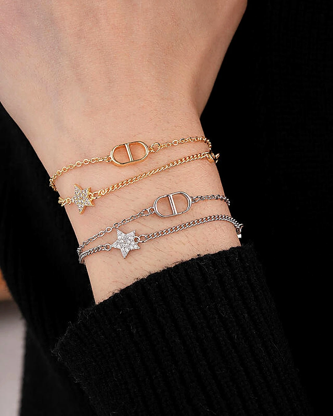 Dior ｜PETIT CD DOUBLE BRACELET 迪奧 CD 鑽星 星星 雙層 細鏈 手鍊 金色 銀色