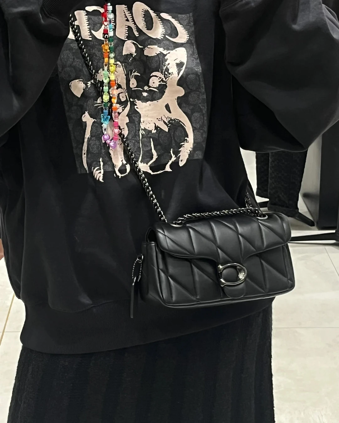 COACH｜絎縫 菱格 Tabby 26 羊皮 鏈條 單肩包 斜背包 銀釦 黑釦 黑色
