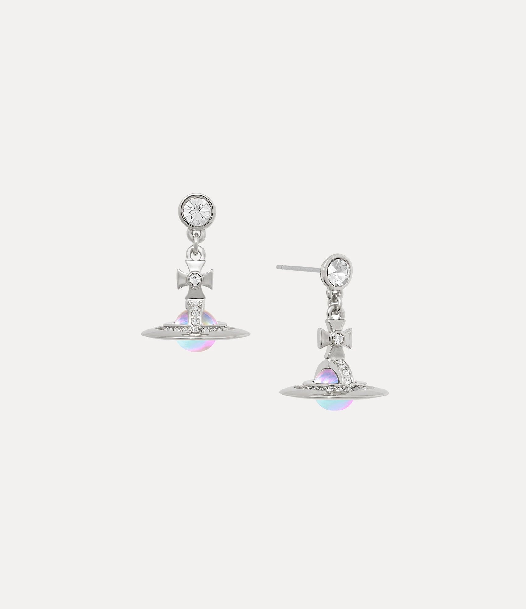 Vivienne Westwood｜New Petite Orb 迷你土星耳環 白水鑽粉彩 銀色