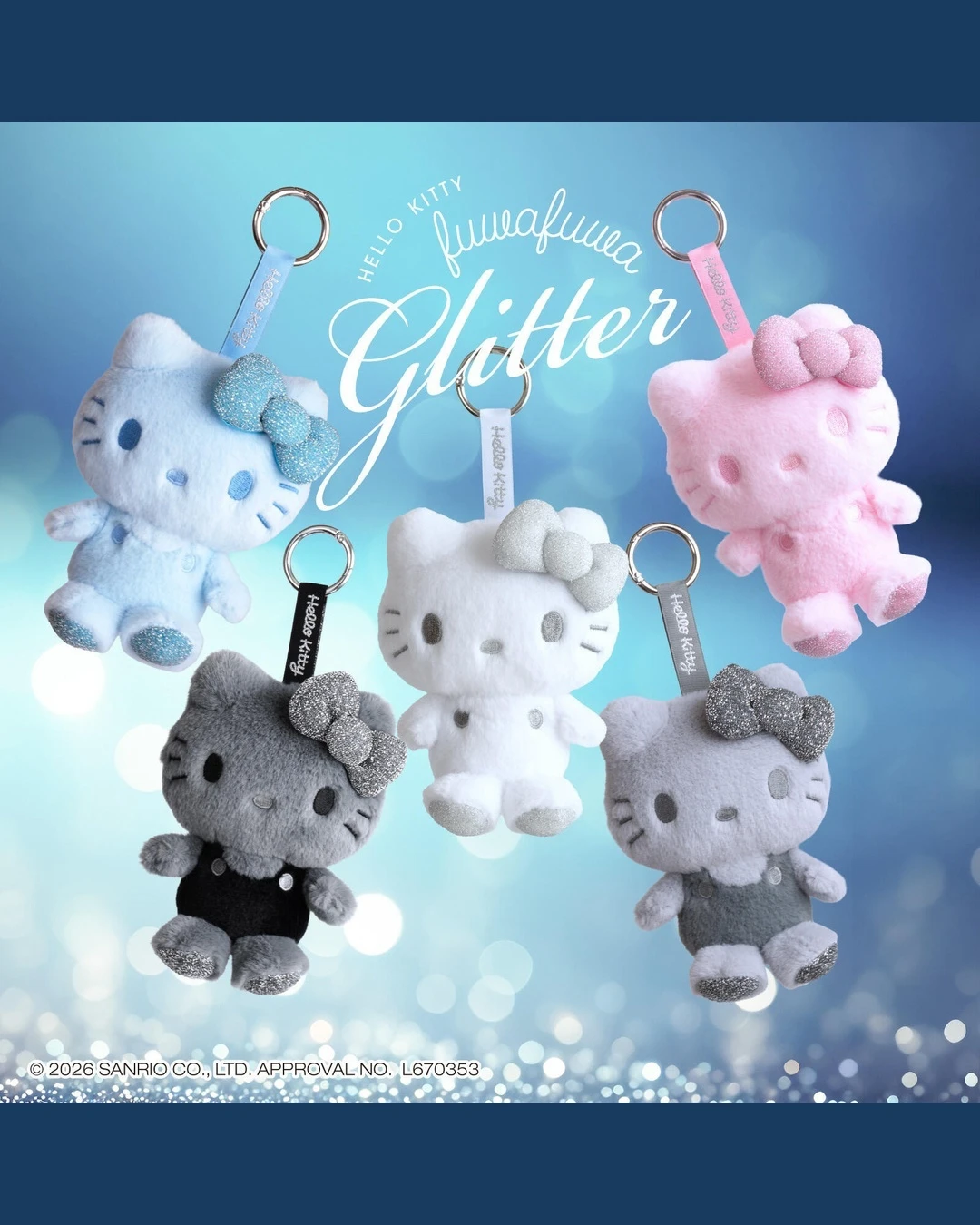 Sanrio｜HELLO KITTY GLITTER MASCOT 三麗鷗 凱蒂貓 毛茸茸 閃粉 蝴蝶結 吊飾 五色
