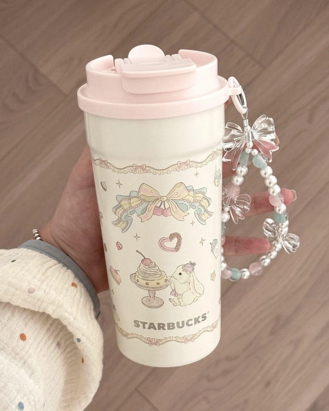 Starbucks ｜星巴克 夏日甜品派對 雙飲口 不鏽鋼保溫杯 隨行杯 蝴蝶結 兔兔 珍珠掛鏈 480ml
