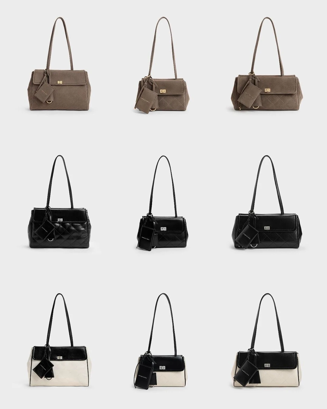 Charles & Keith｜秋冬季 絨面 菱格紋 法棍包 單肩包 含卡包掛件
