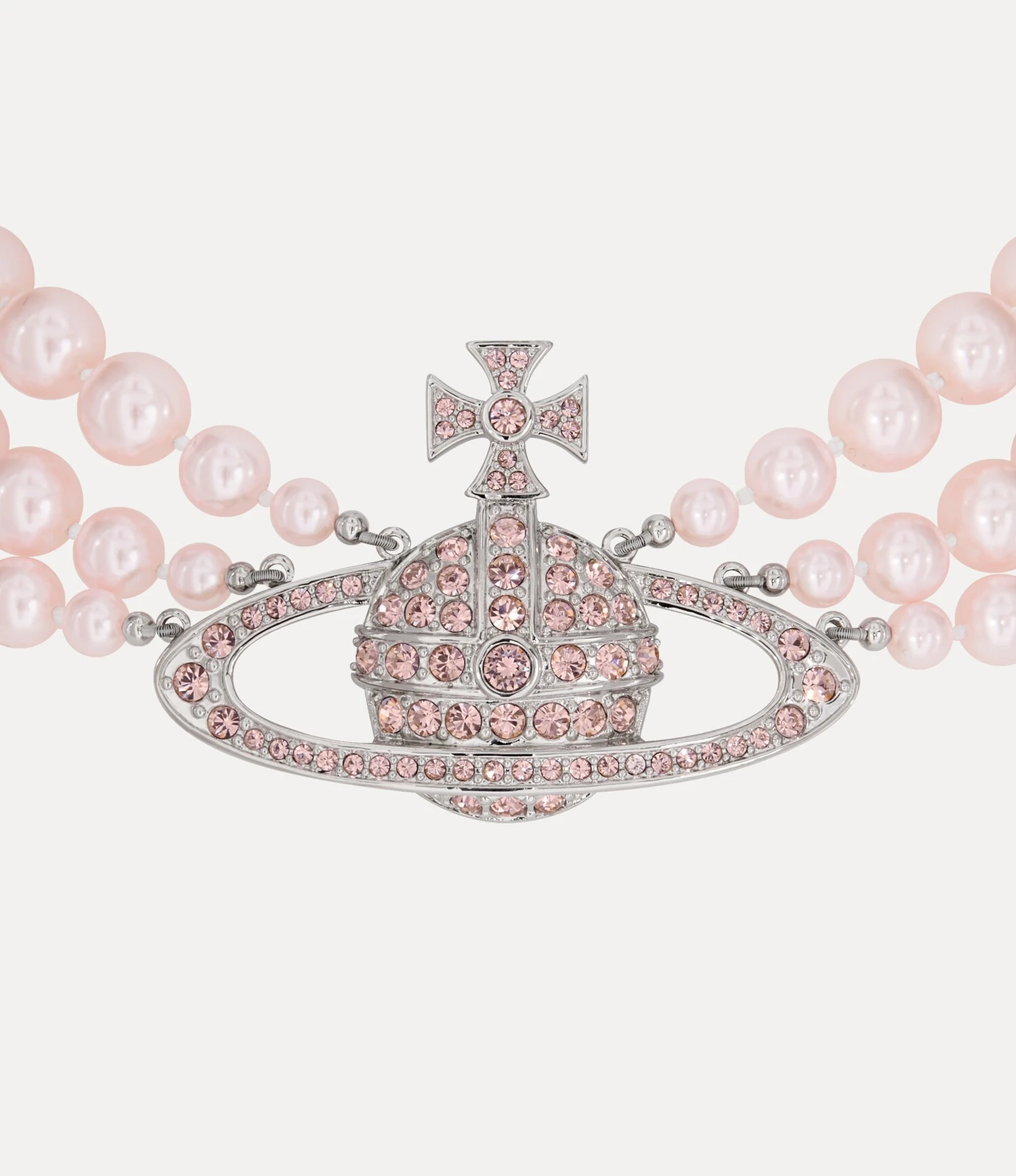 Vivienne Westwood｜Three Row Pearl Bas Relief Choker 薇薇安 西太后 三排 粉珍珠 頸鍊 大土星 浮雕 水鑽 銀色