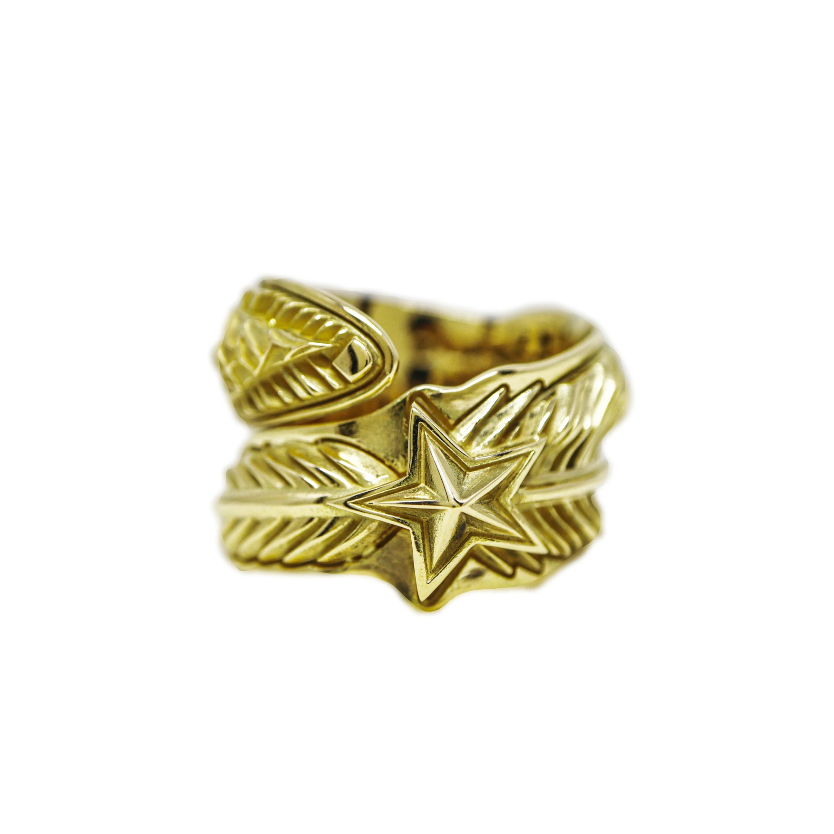 LARGE CS NAVAJO SHERIFF STAR ARROW FEATHER RING 18K GOLD