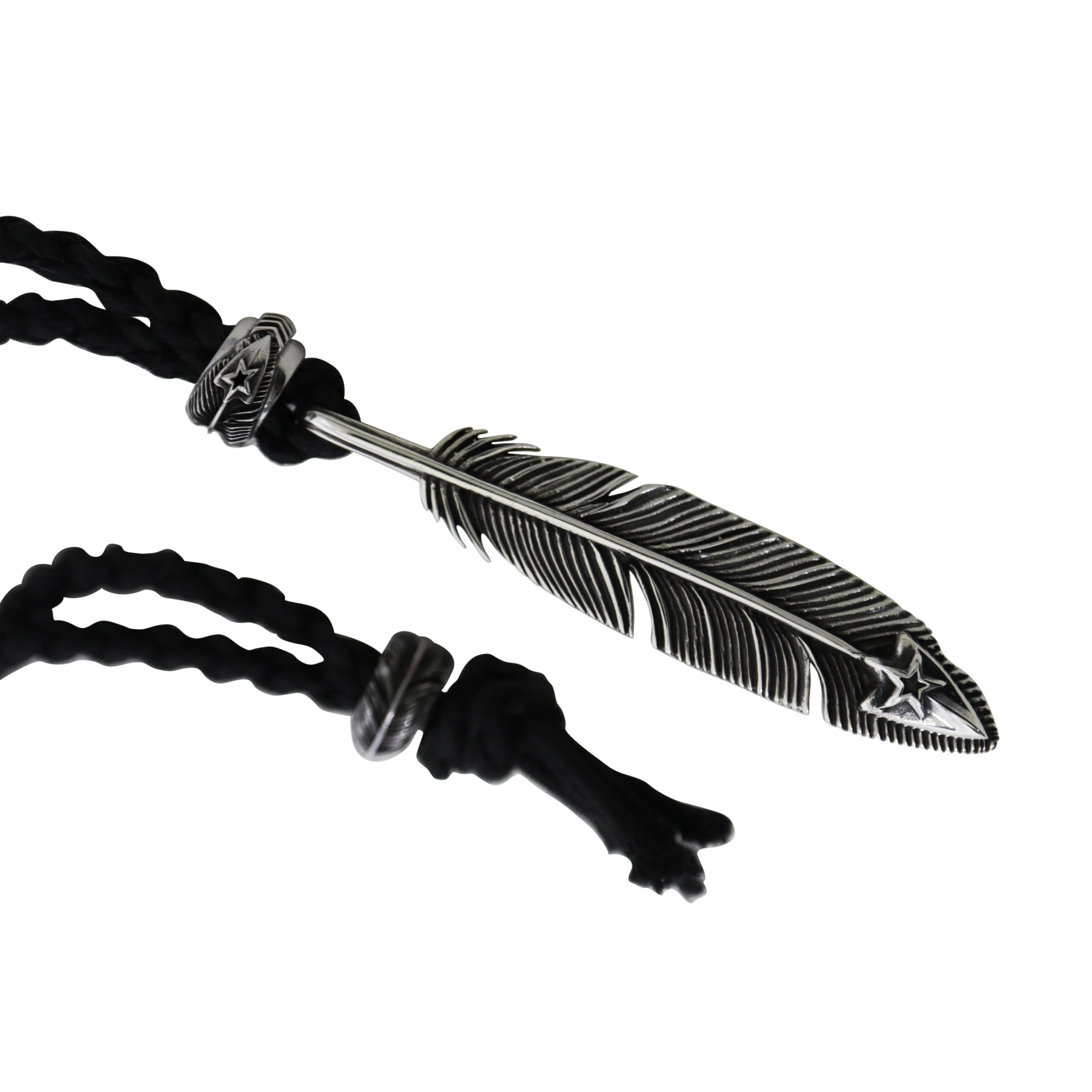 CS NAVAJO HOLLOW STAR LEFT ARROW FEATHER PENDANT WITH 2 BEADS