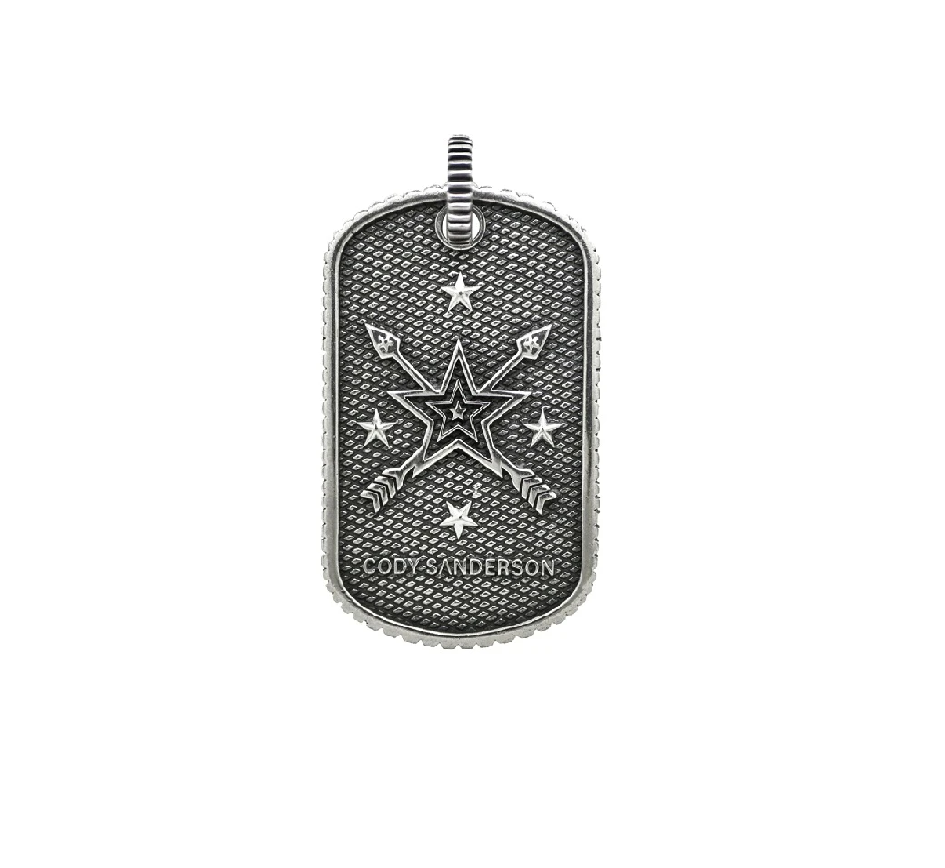 SMALL STARS & CROSSED ARROWS DOG TAG WITH OUTSIDE COIN EDGE