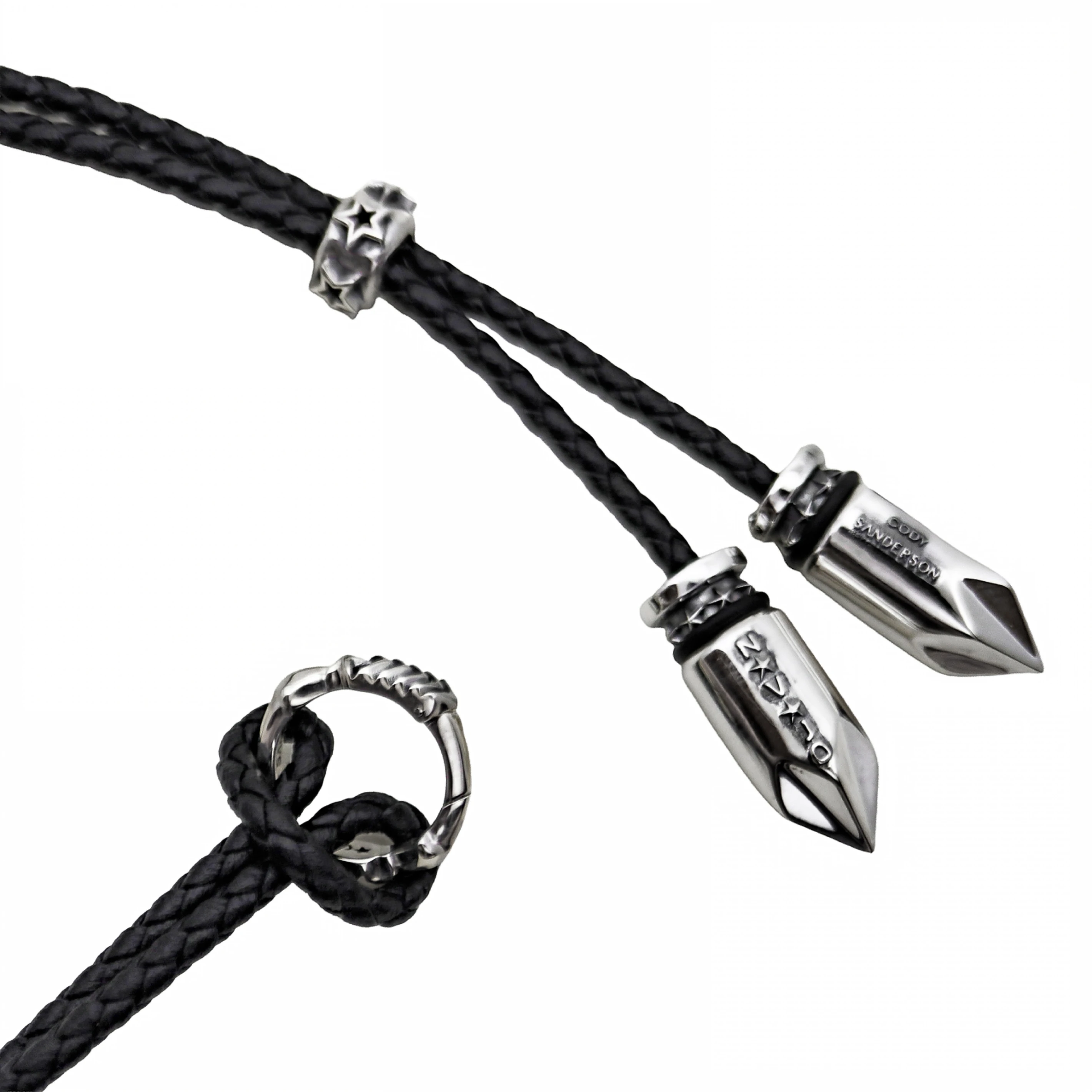 DOUBLE BULLET LEATHER CORD WITH STAR HOLLOW RONDELLE BEAD & ARROW SPRING