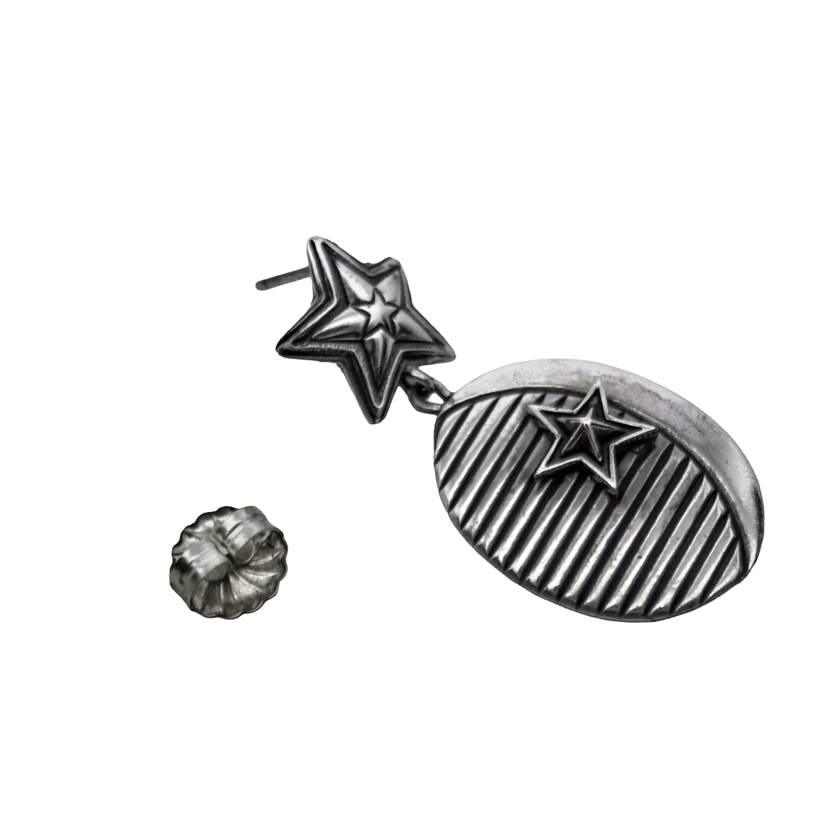 OVAL SHAPE LINES STAR IN STAR W/ CENTER SPIKE STAR LEFT EARRING